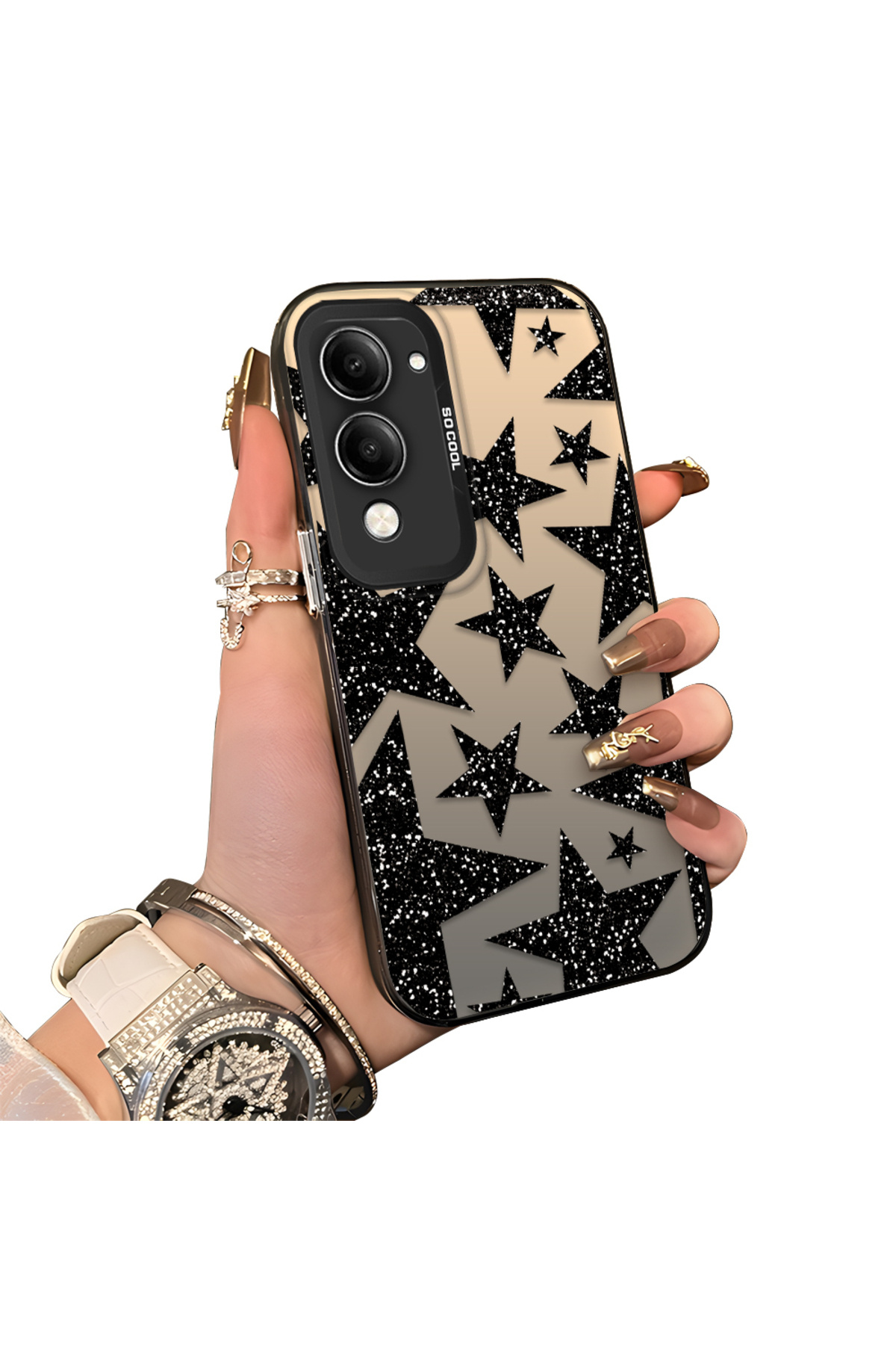 Vivo Y29S Compatible Rigid Acrylic Rear Silicone Edge Lens Protection Case Star patterns