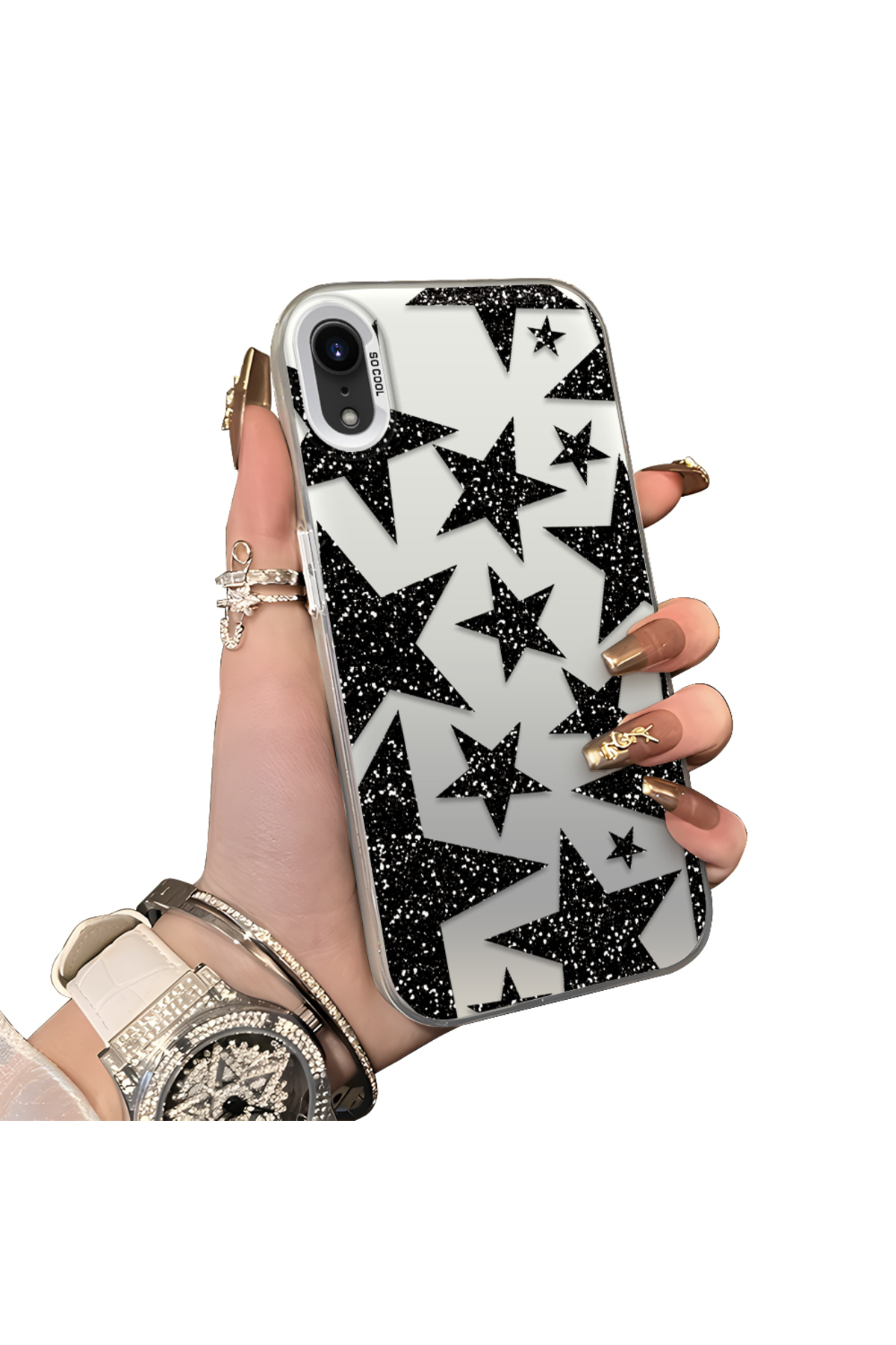 iPhone XR Compatible Hard Acrylic Back Silicone Edge Lens Protection Case Star patterns