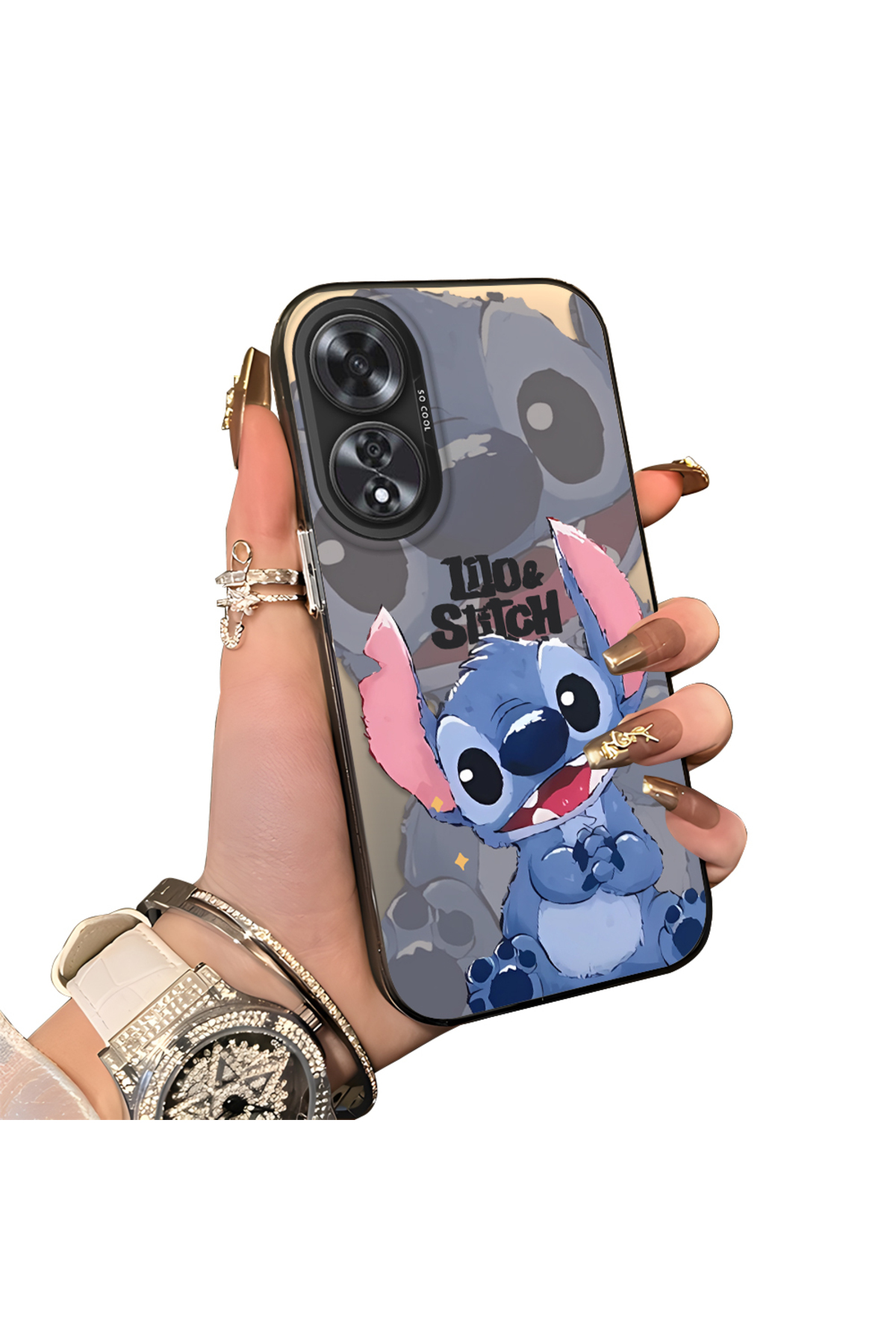 OPPO A60 Compatible Hard Acrylic Rear Silicone Edge Lens Protection Case with Stitch Pattern