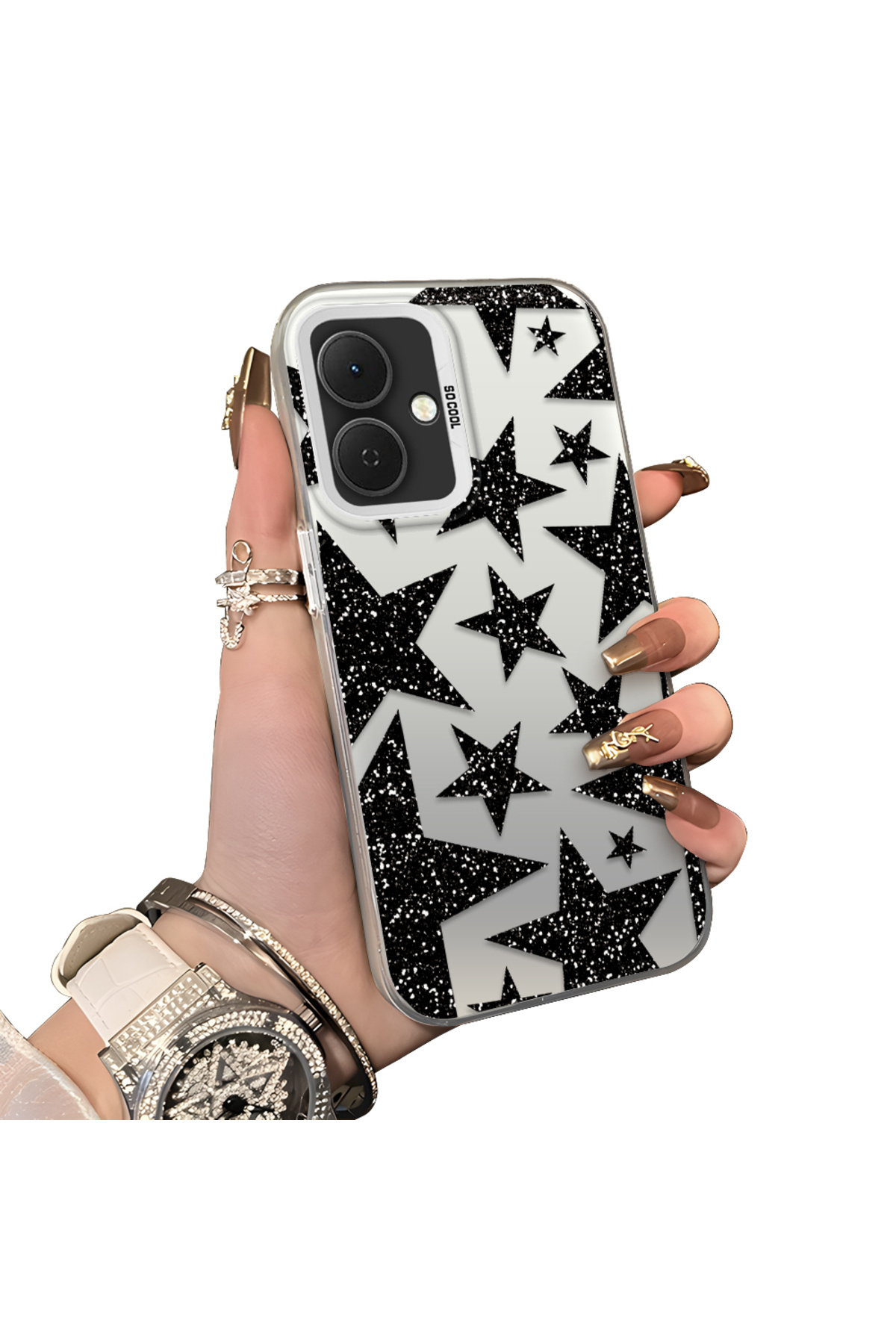 Tecno Spark Go 2 Compatible Hard Acrylic Rear Silicone Edge Lens Protection Case Star patterns