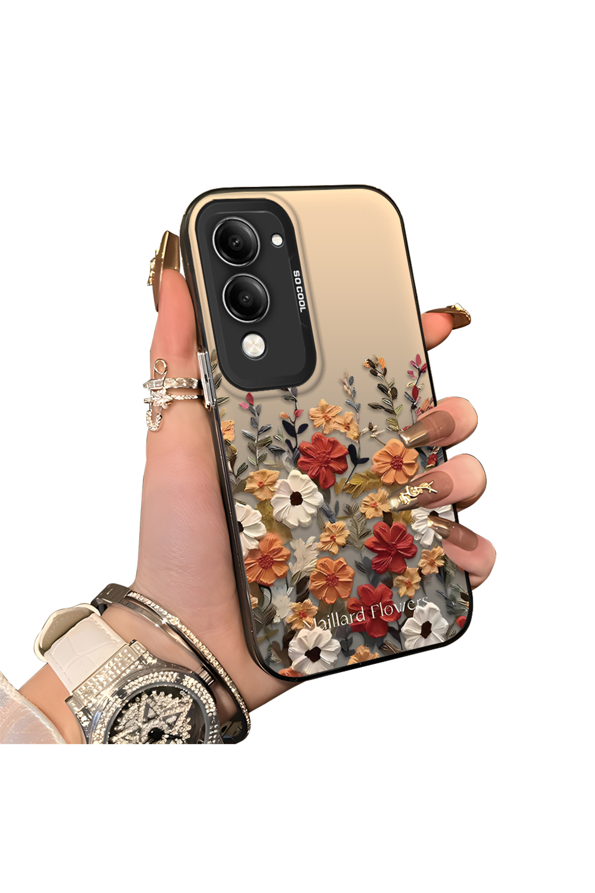 Vivo Y29S Compatible Hard Acrylic Back Silicone Edge Lens Protection Case Beautiful Flower