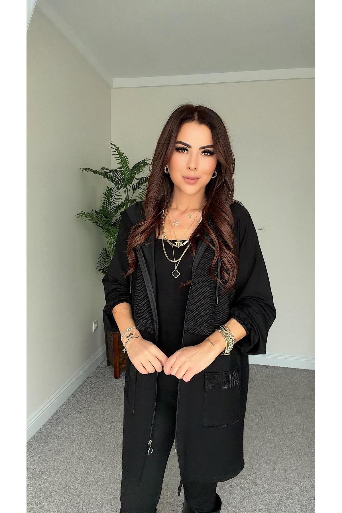 DİDEM GÜLTAKTI  Main Kadın Kapüşonlu File ve Cep Detaylı Siyah Hırka - Görsel 2
