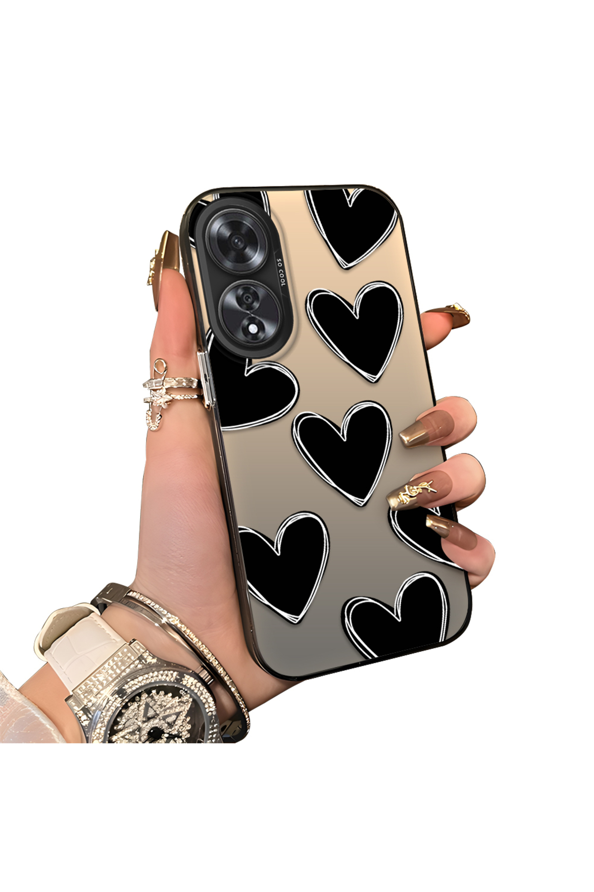 OPPO A60 Compatible Hard Acrylic Rear Silicone Edge Lens Protection Case Heart Pattern