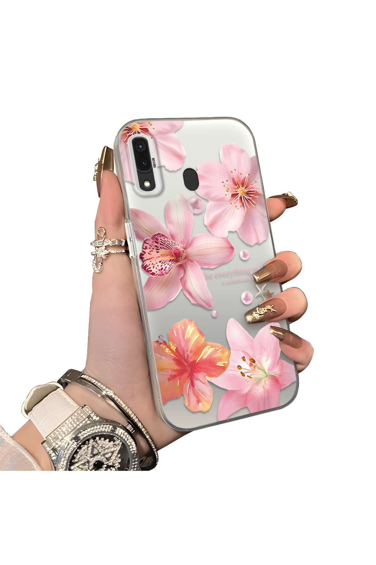 Samsung Galaxy A30/A20 Compatible Hard Acrylic Rear Silicone Edge Lens Protection Case lily pattern