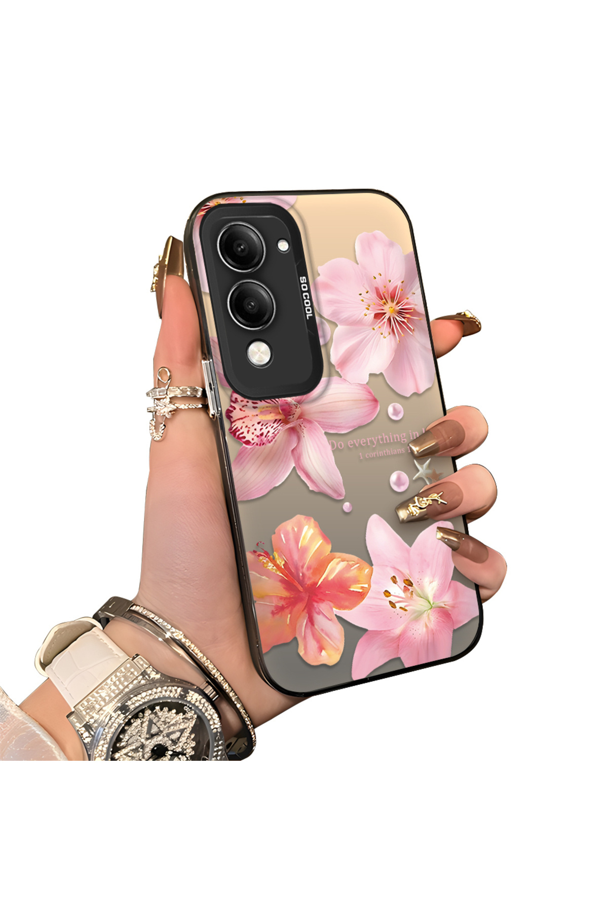Vivo Y29S Compatible Hard Acrylic Rear Silicone Edge Lens Protection Case lily pattern
