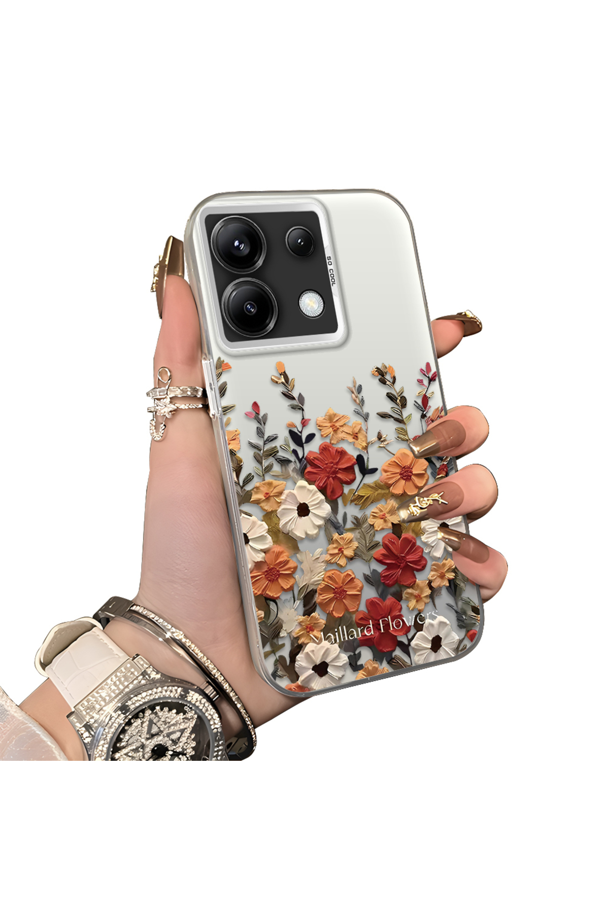Redmi Note 13 Pro 5G Compatible Hard Acrylic Rear Silicone Edge Lens Protection Case Beautiful Flower
