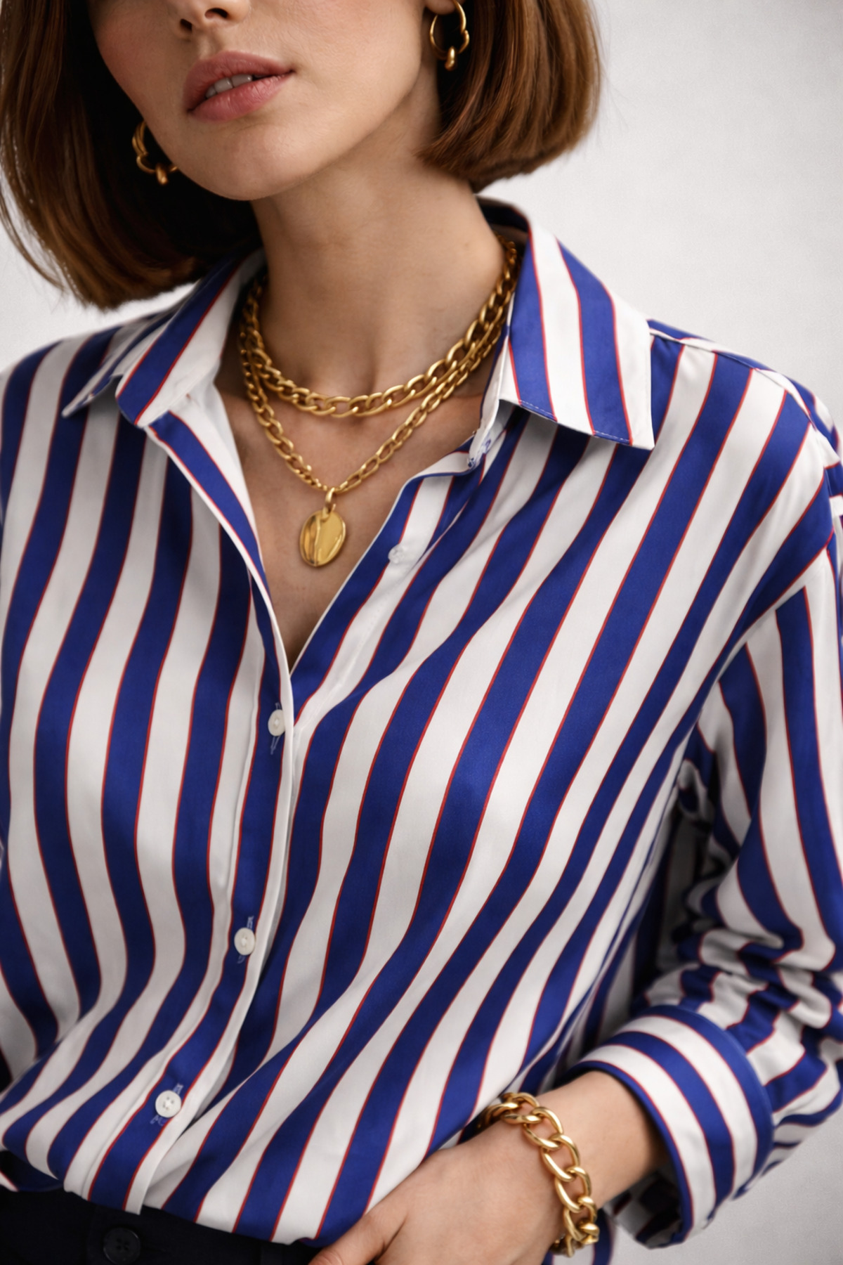 ribana  Kadın Çizgili saten kumaş Klasik Yaka, Önü Düğmeli Uzun kollu, Manşet Bitişli Gömlek 3971 - Görsel 2