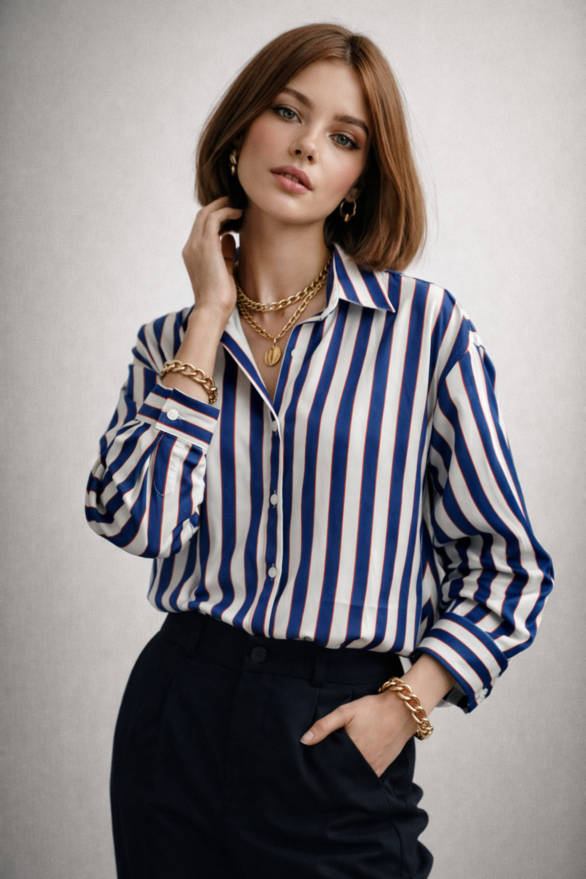 ribana  Kadın Çizgili saten kumaş Klasik Yaka, Önü Düğmeli Uzun kollu, Manşet Bitişli Gömlek 3971