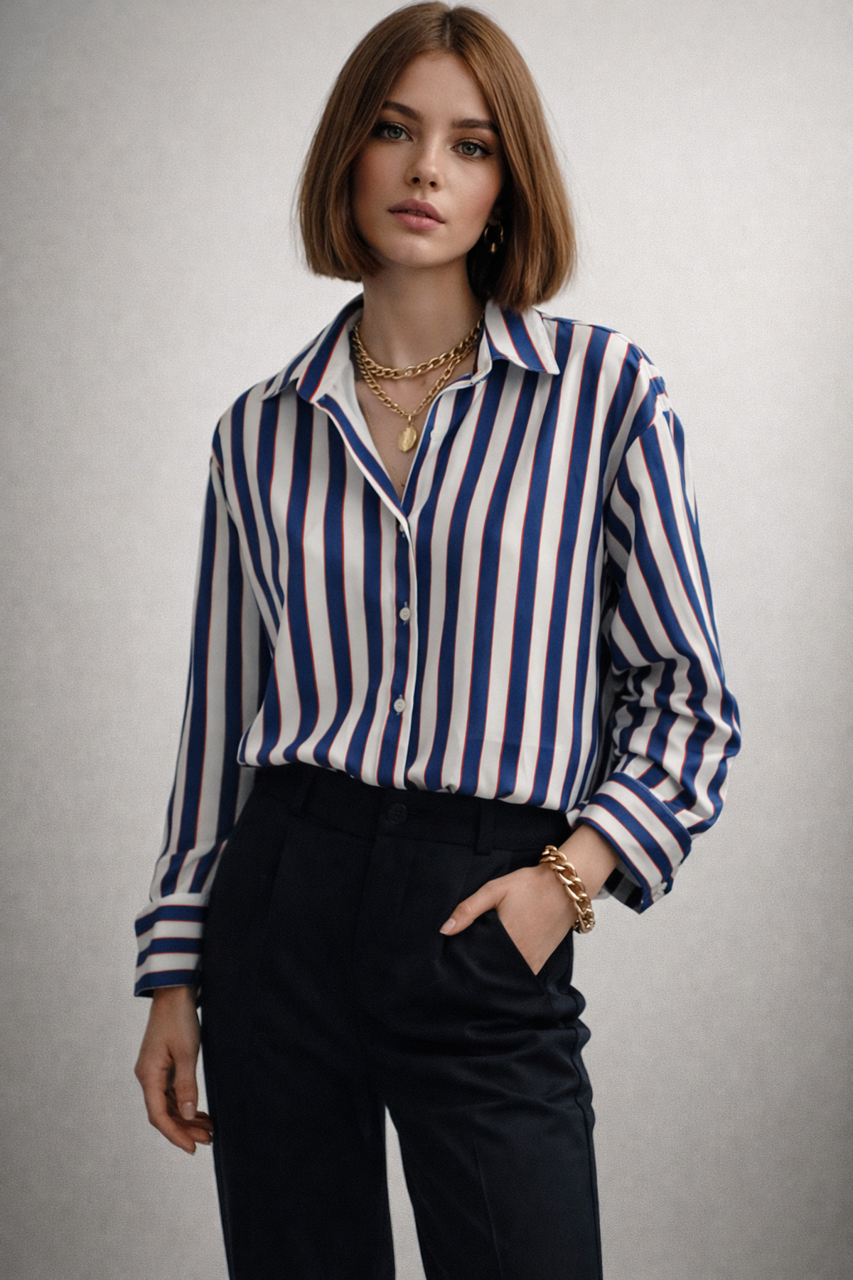 ribana  Kadın Çizgili saten kumaş Klasik Yaka, Önü Düğmeli Uzun kollu, Manşet Bitişli Gömlek 3971 - Görsel 3