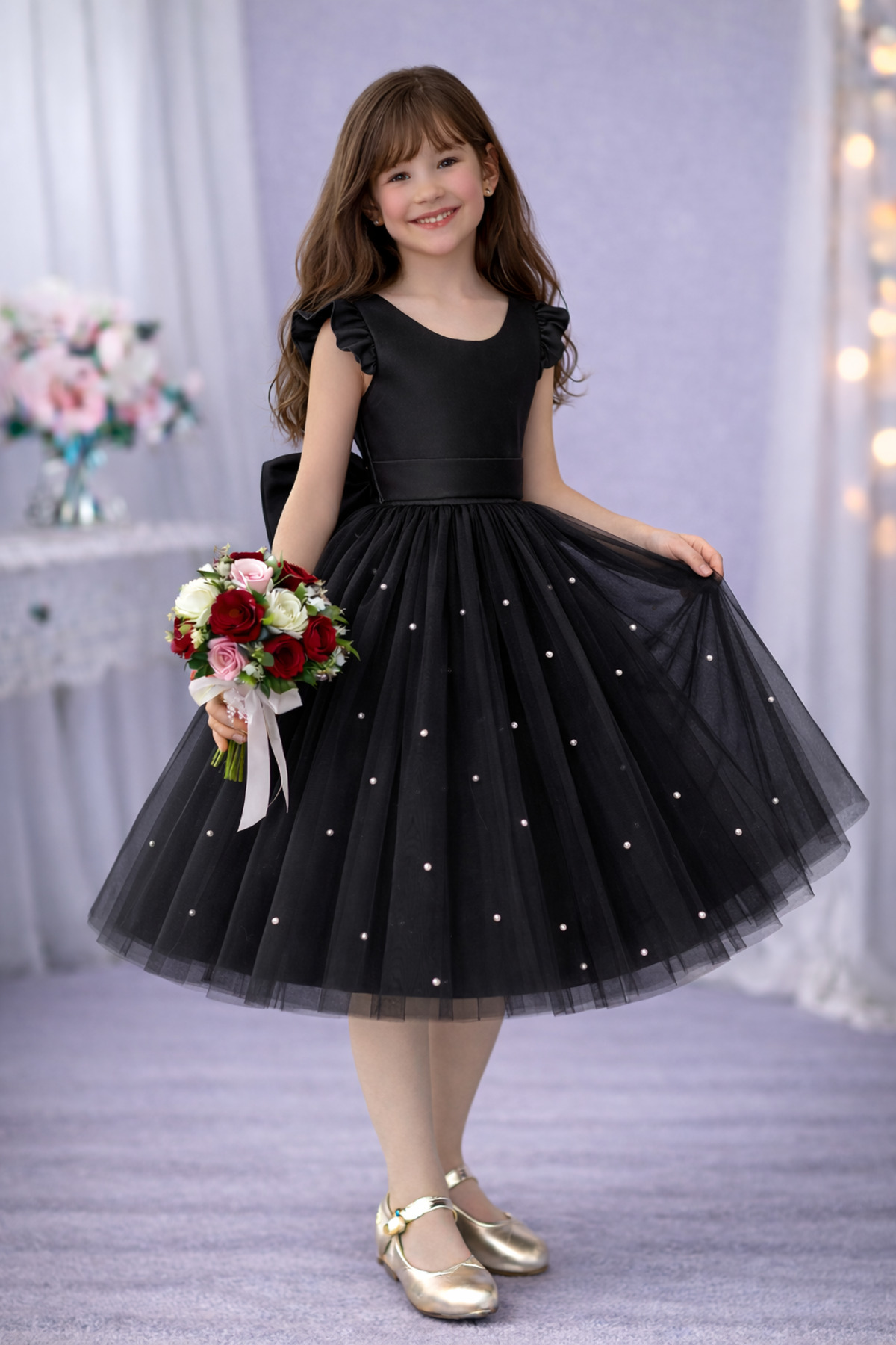 Girls Black Ruffle Sleeve Pearl Short Dress Graduation Birthday Special Day Short Evening Dress