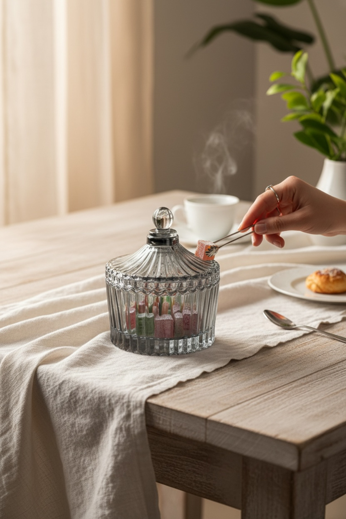 90 ML Line Çizgili Cam Lokumluk – Dekoratif Şekerlik & Çerezlik Sunumluk