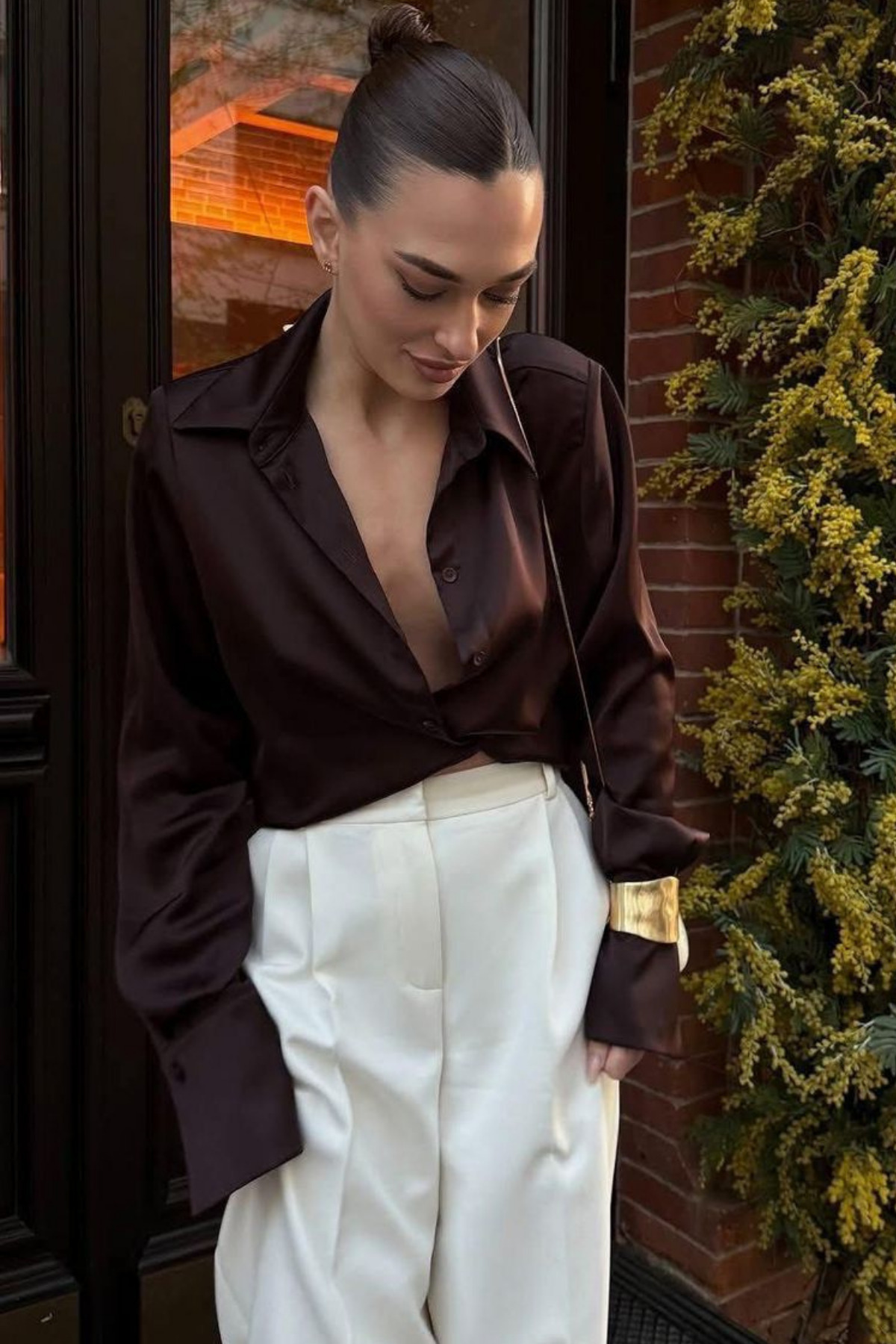 sunfyre  KADIN Kahverengi Uzun Kollu Saten Gömlek SUN258 - Görsel 2