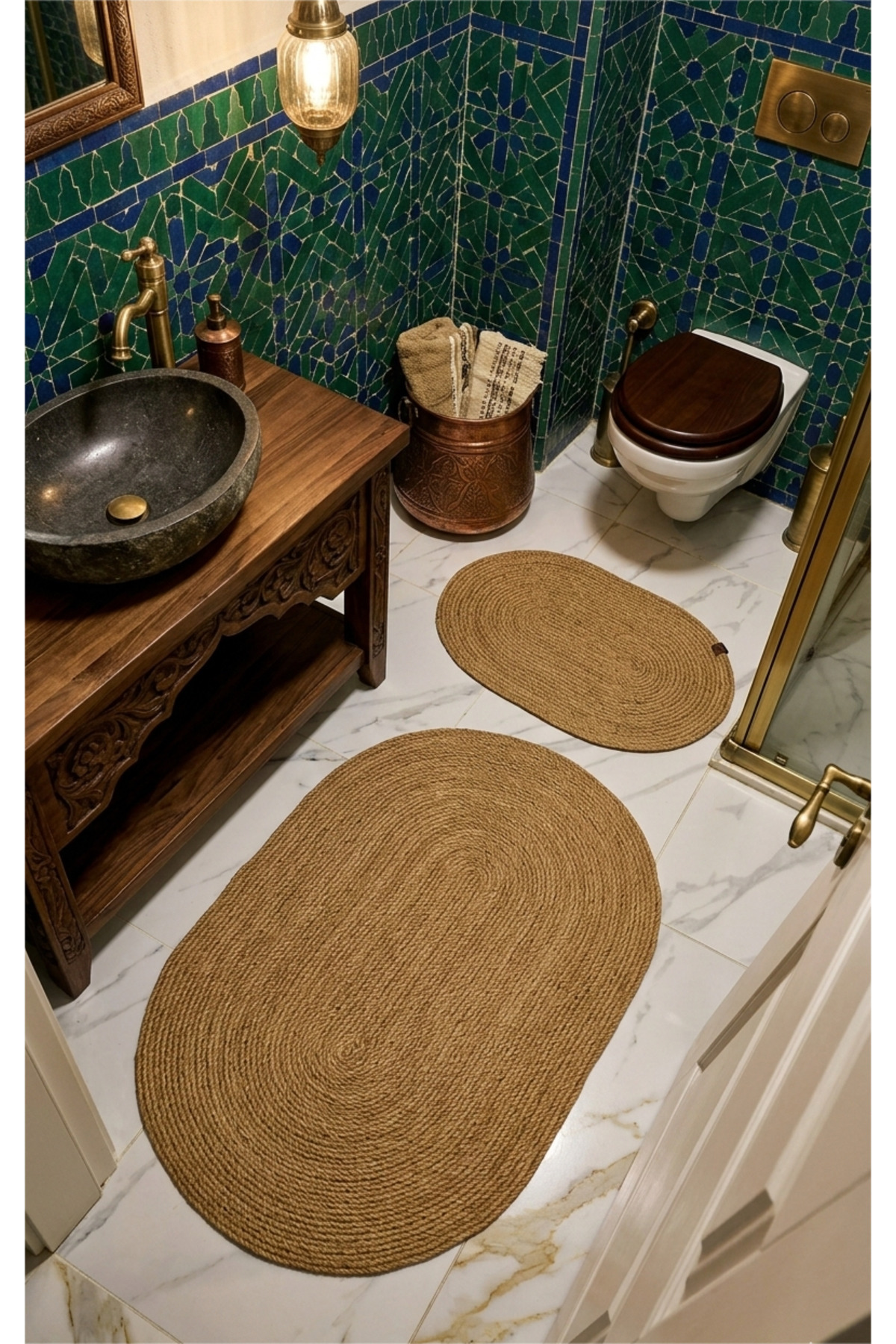 Jute Wicker Large Size 2-Piece Bath Mat Set, 70x120 / 40x60 Bathroom Set