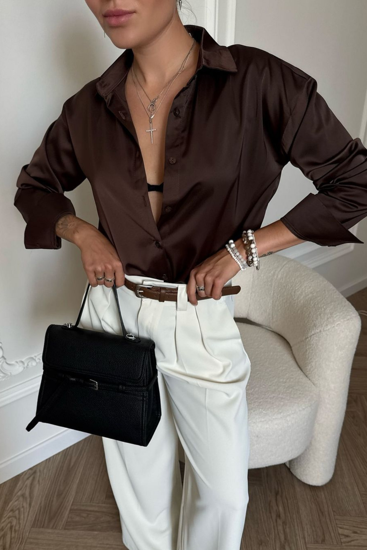 sunfyre  KADIN Kahverengi Uzun Kollu Saten Gömlek SUN258 - Görsel 6