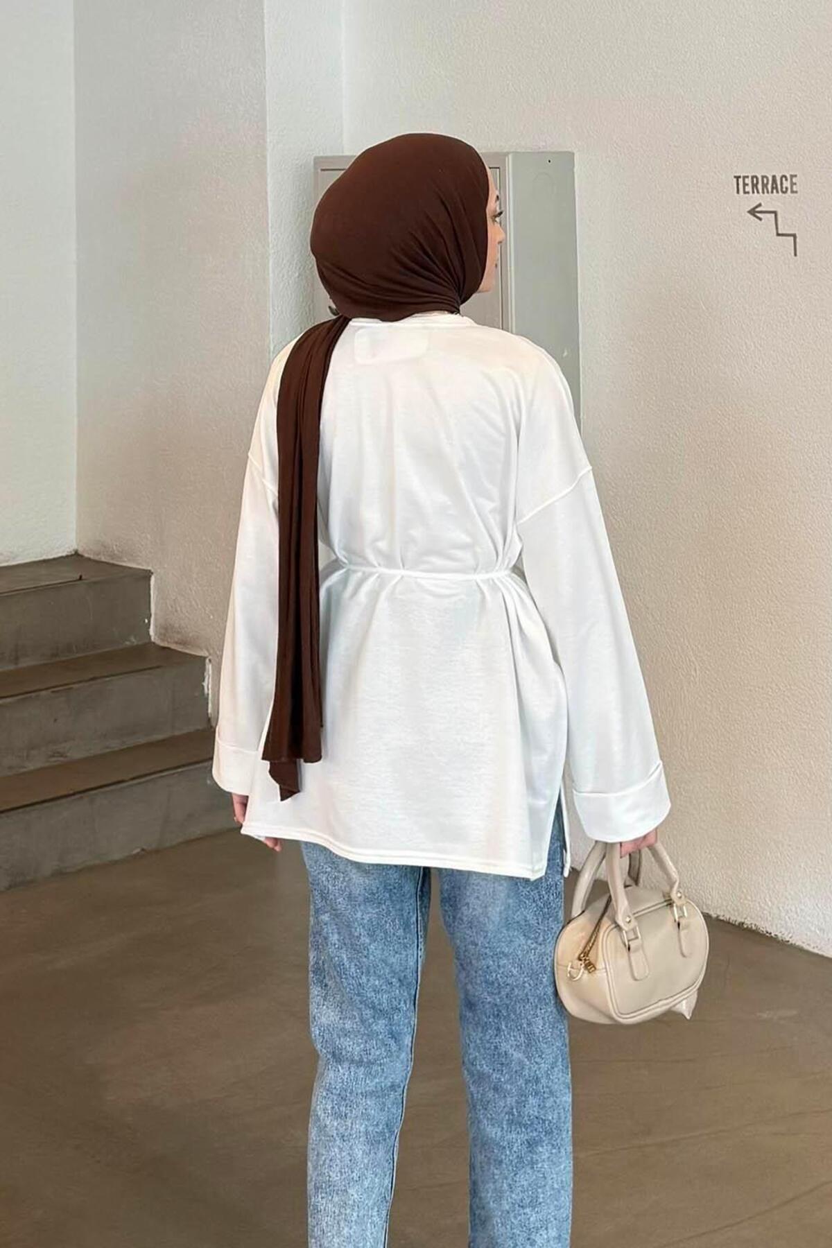 lamelif Yırtmaç Detaylı Sweat Beyaz görsel 4