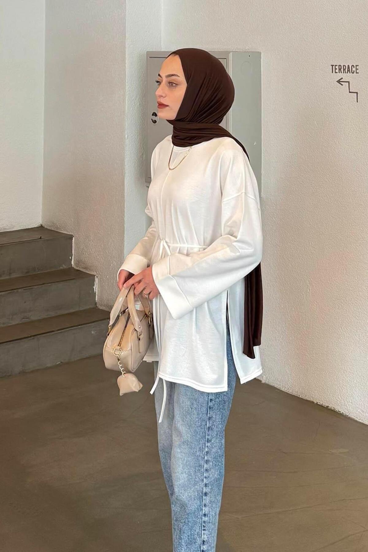 lamelif Yırtmaç Detaylı Sweat Beyaz görsel 2
