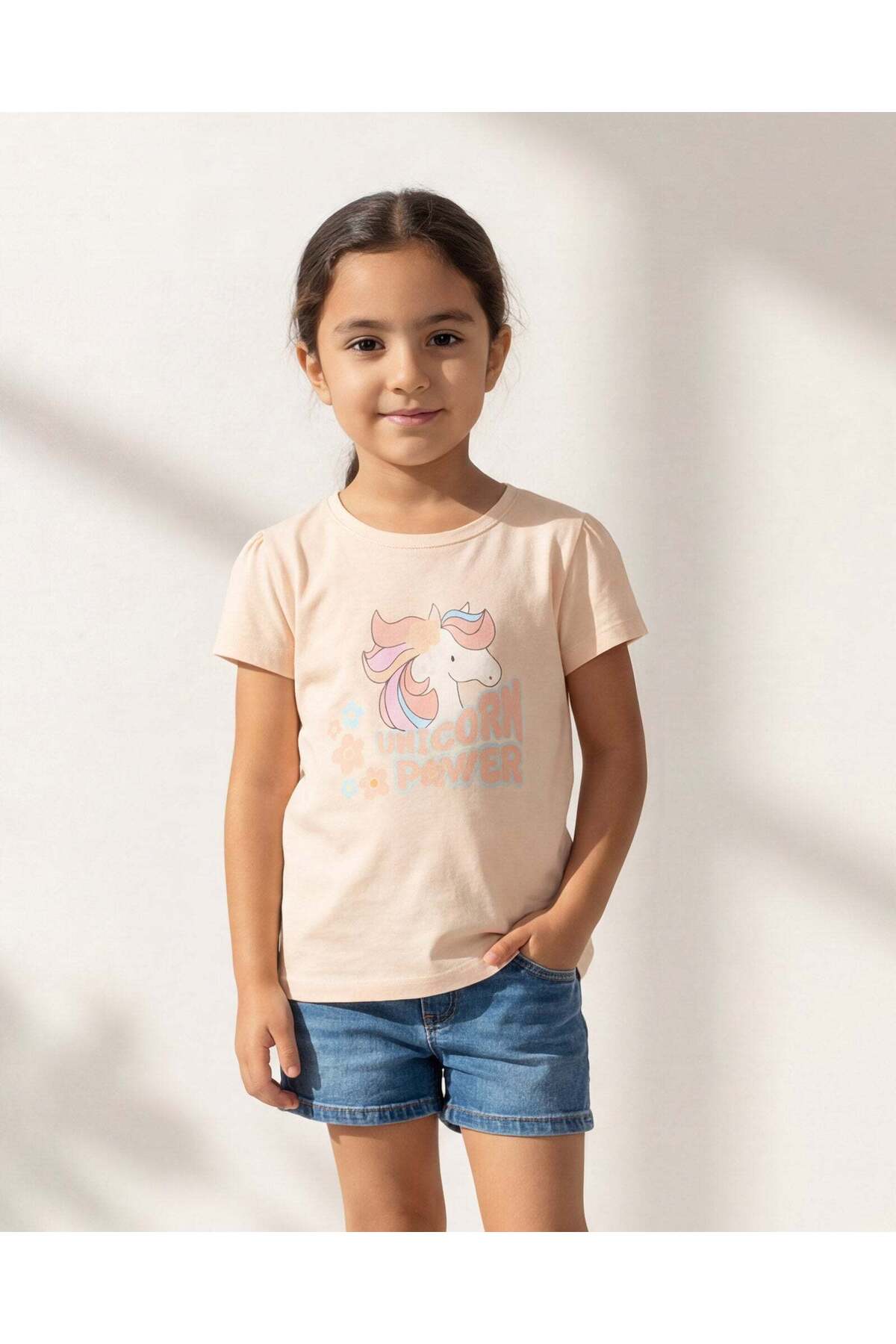 REDTAG Girls Pale Pink Unicorn Placement Print T-Shirt