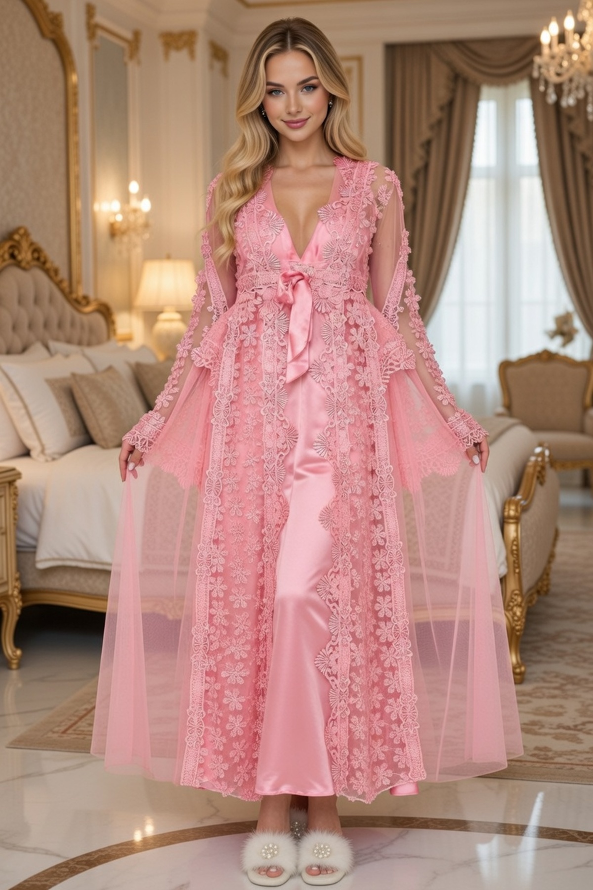 Luxury Lace Nightgown Set Dowry Elegant Honeymoon Satin Set