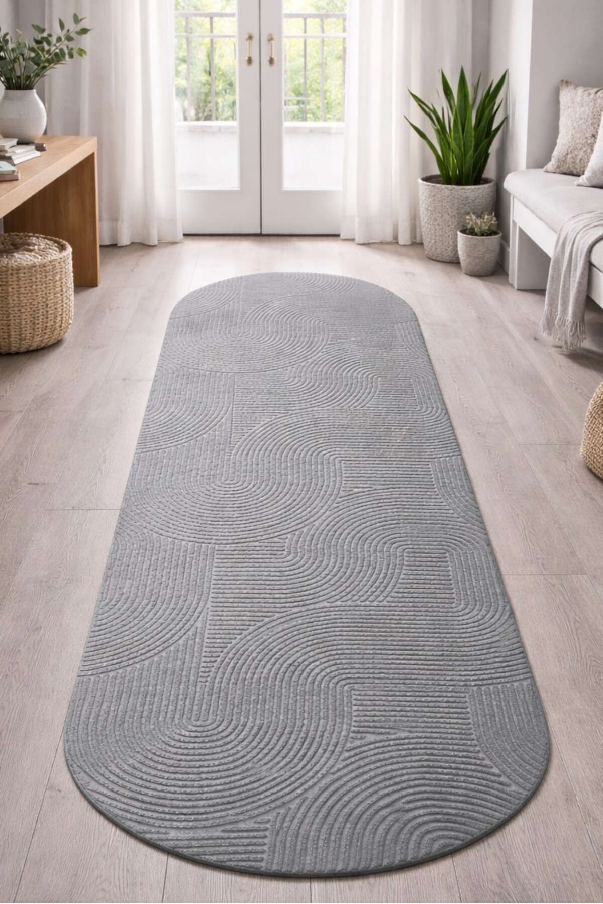 Relief Oval Cut Joy Anti-Slip Sole Machine Washable Living Room Aisle Rug Runner Rug GRAY