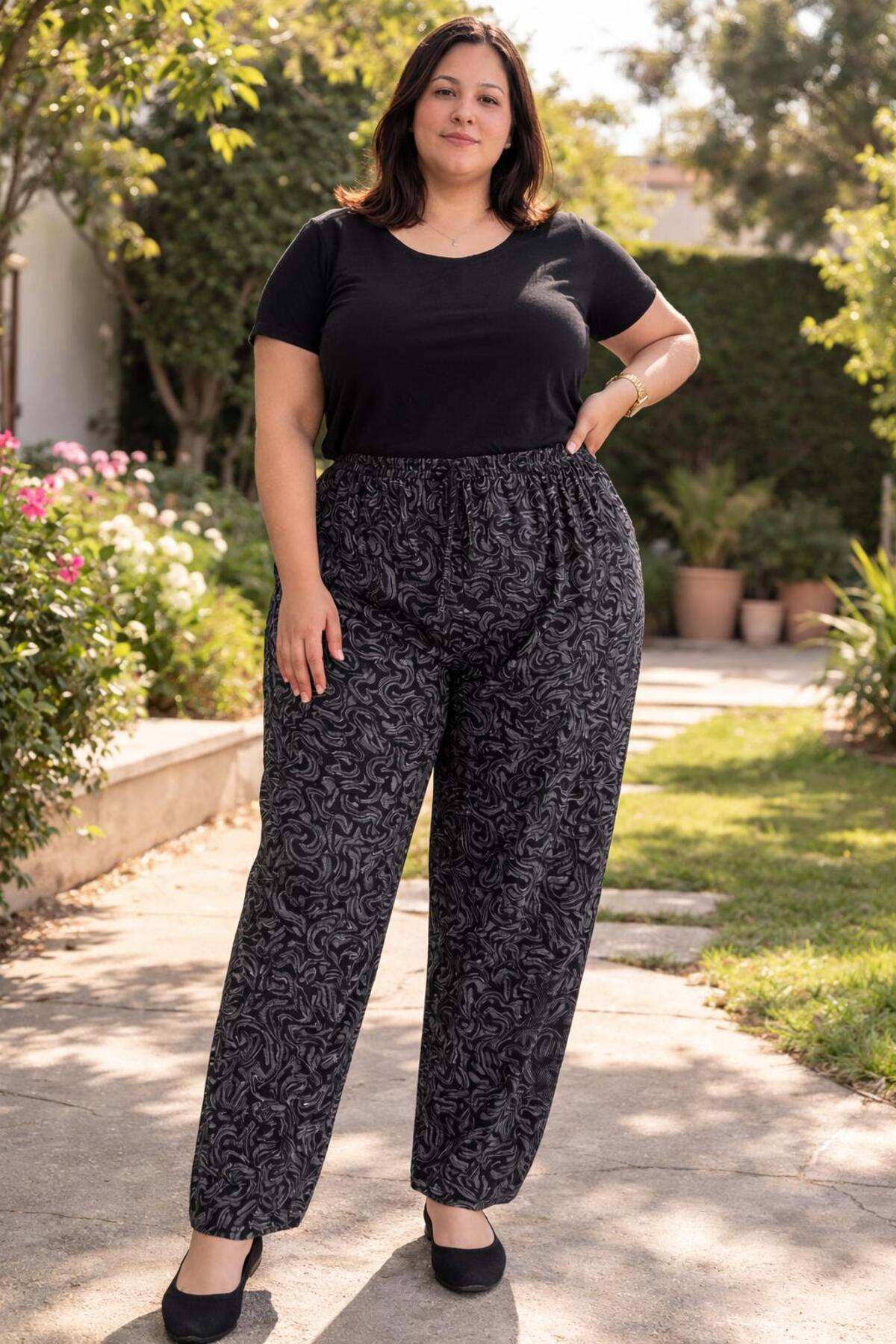 THEBEK  Kadın Viskon Cepsiz Battal Pantolon Rahat Kesim Büyük Beden