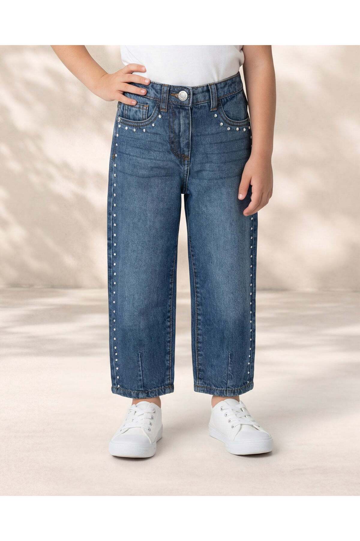 REDTAG Girls Blue Balloon Fit Studded Jeans