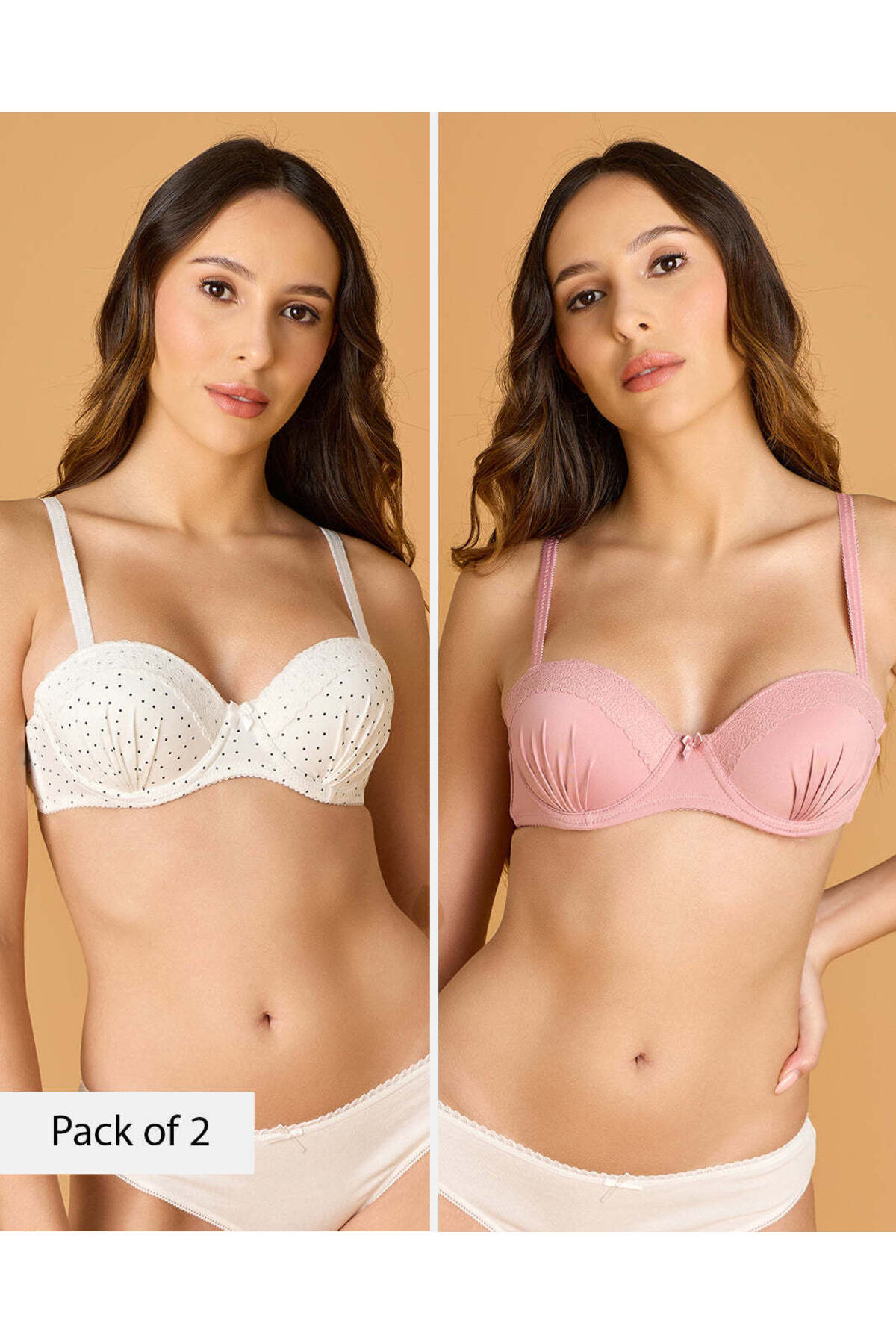 REDTAG Women Assorted 2-Pack Printed & Solid Balconette Bras with Lace