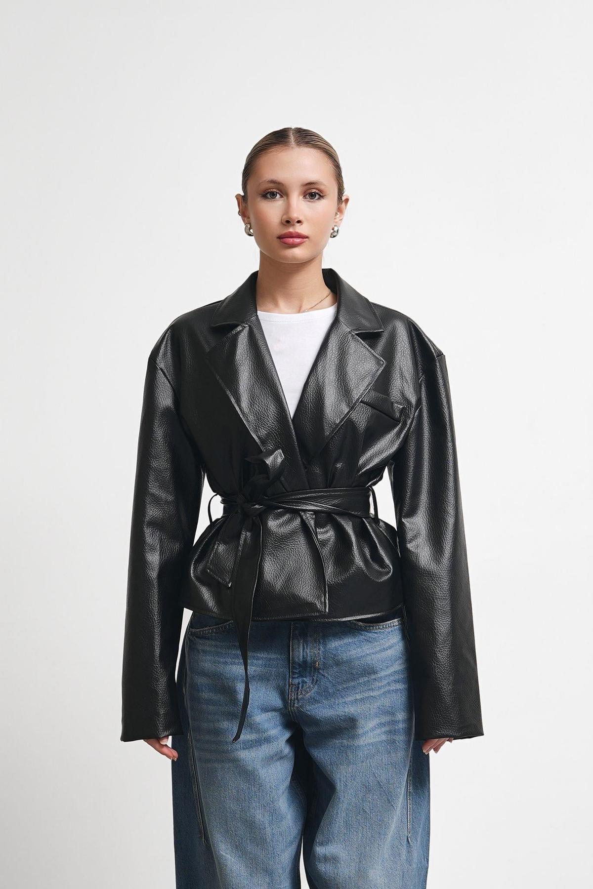 Jaglion Nova sezonska crna Dvoredno kopčanje jakna sa kopčama i remenom Koža