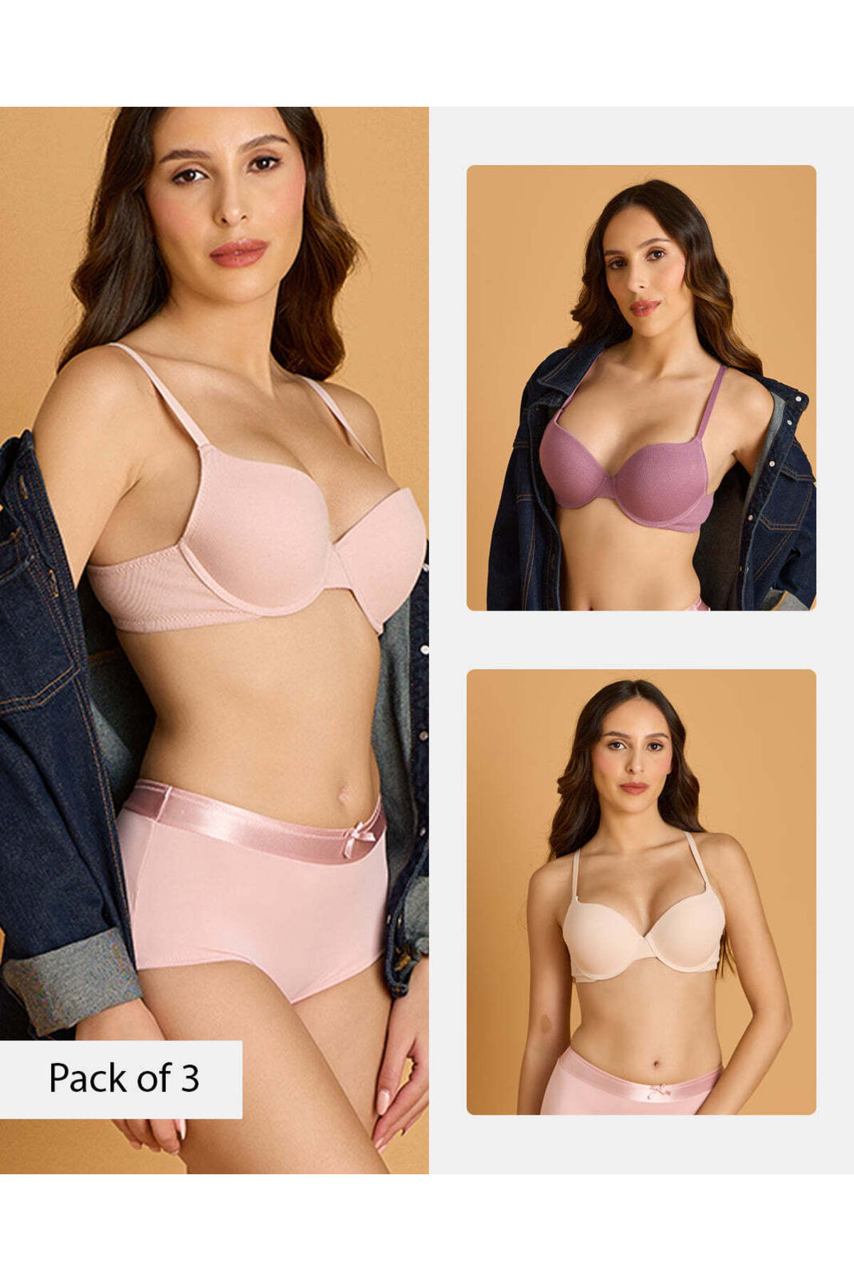 REDTAG Women Assorted 3-Pack Ribbed Push-Up Bras