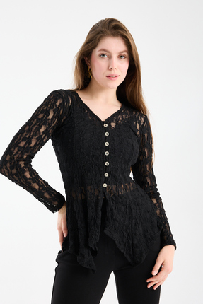 sumoda Kadın Düğmeli Asimetrik Likralı Dantel Bluz