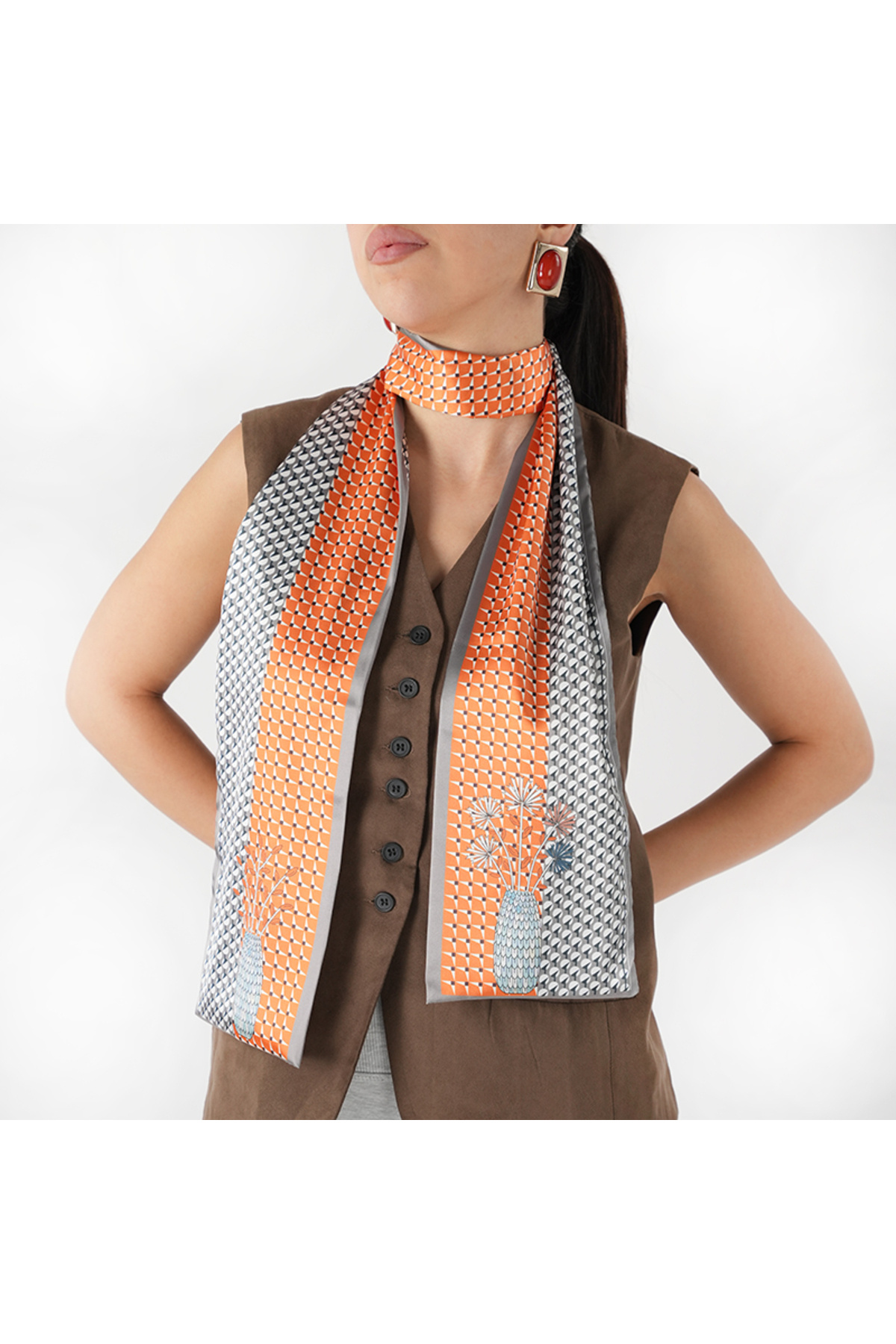 ElevaGlam  Özel Desenli Atkılar Turuncu Gri Desenli - Görsel 2