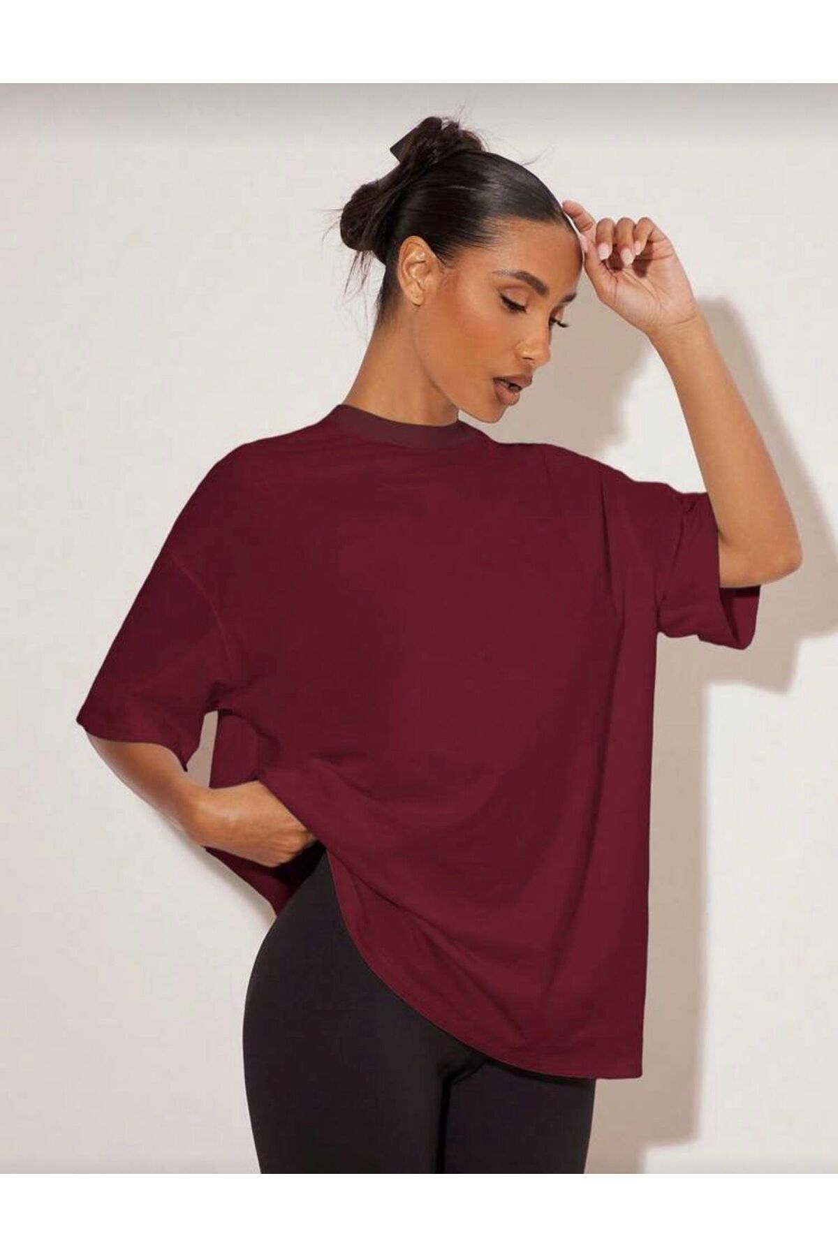 trendgar Kadın Düz Bordo Oversize Tişort görsel 2