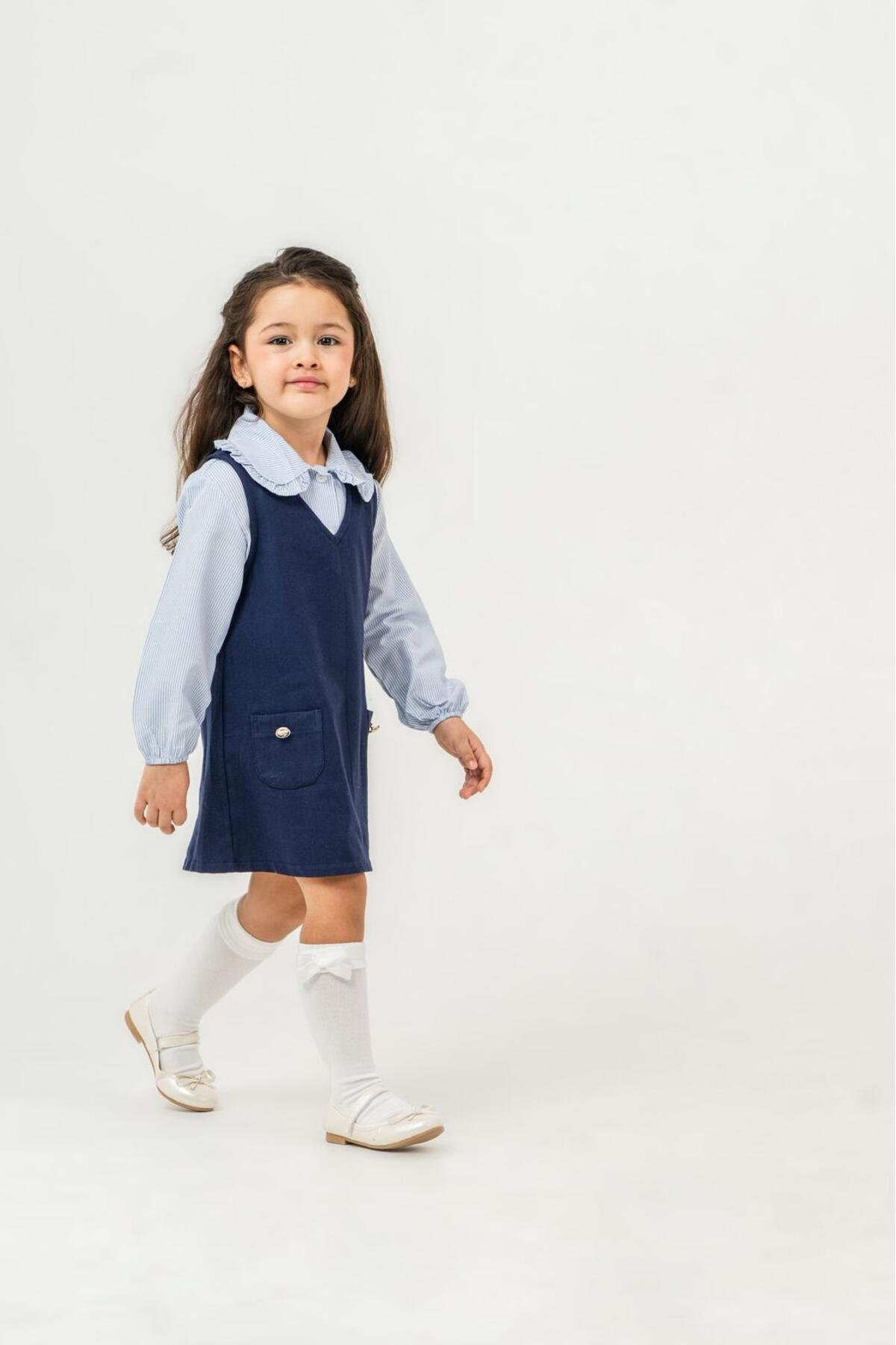 Minoviababykids Kız Çocuk Pötikare Gömlekli Jile Elbise Takım Fırfır Yaka Cepli fotoğrafı 4 (önizleme)