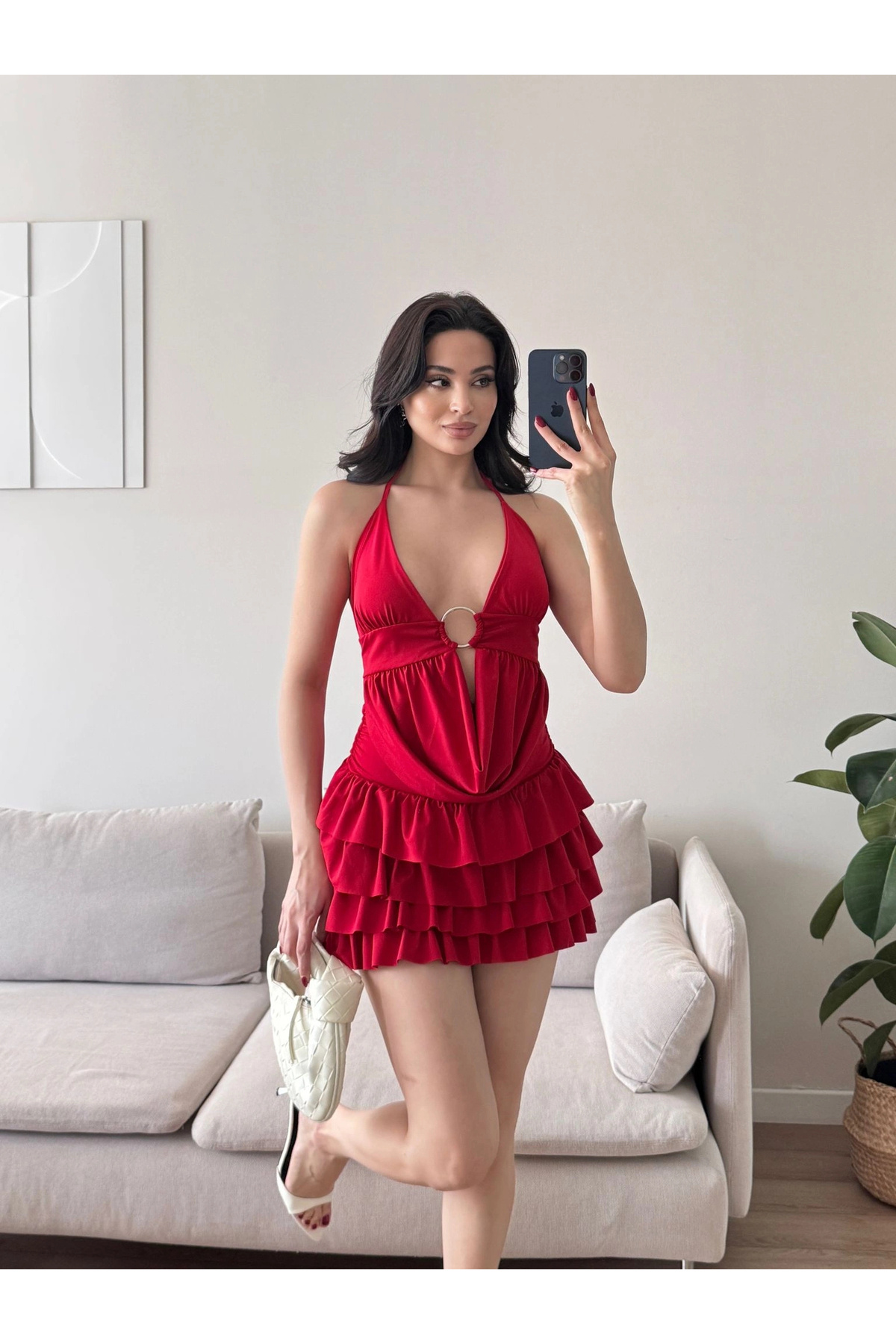 Zoom Butik Fırfırlı Halka Takım - KIRMIZI