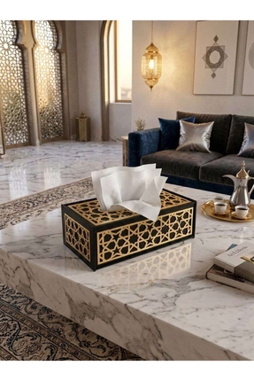 KRISTALAZER Lüks Selçuklu Desenli Ahşap Peçetelik - Gold Detaylı Dekoratif Kutu