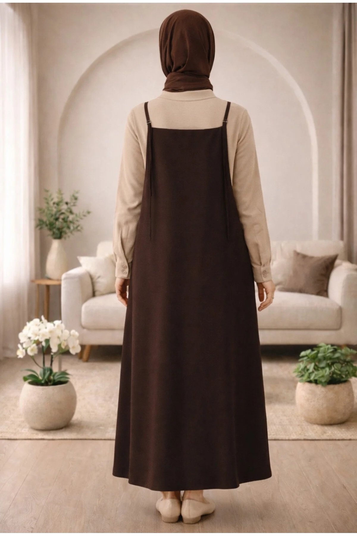 SafaButik  Kadın Acı Kahverengi Ayarlanabilir İp Askılı Jile Elbise - Görsel 2