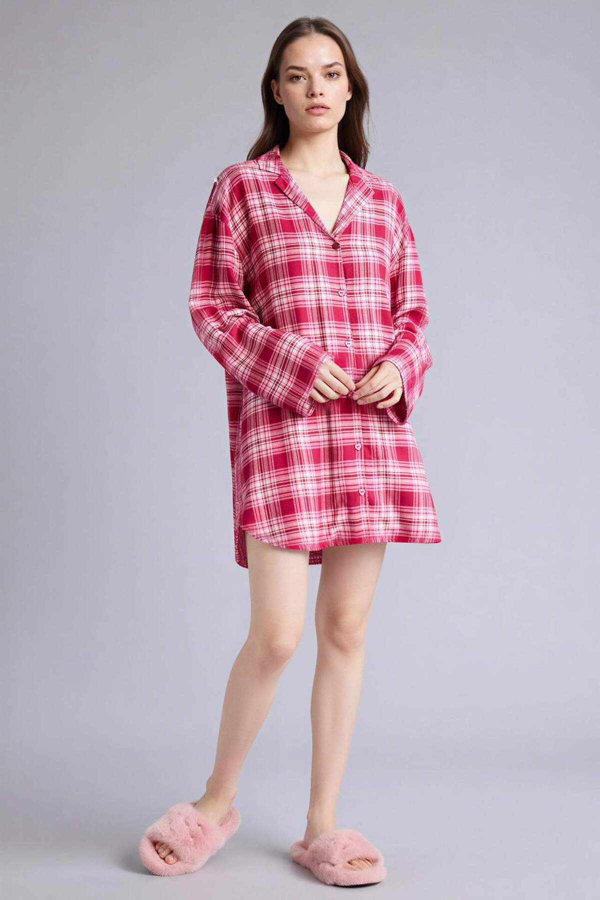 Defacto Regular Fıt Pijama Yaka Flanel Uzun Kollu Elbise G7996AX26SP