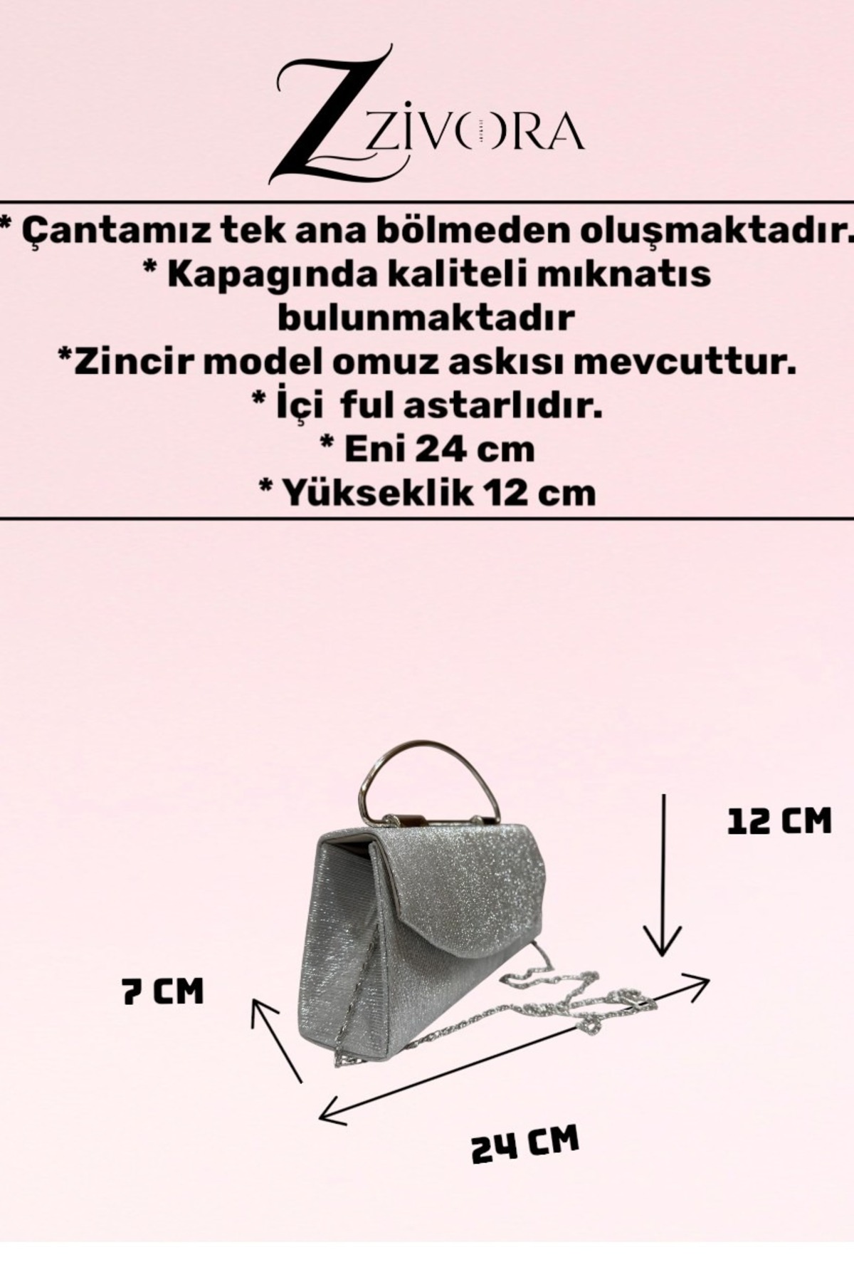 ZİVORA Kadın Simli Metal Saplı Yeni Sezon Abiye Çanta - Zincir Askılı Şık Davet, Düğün ve Gece Çantası görsel 3