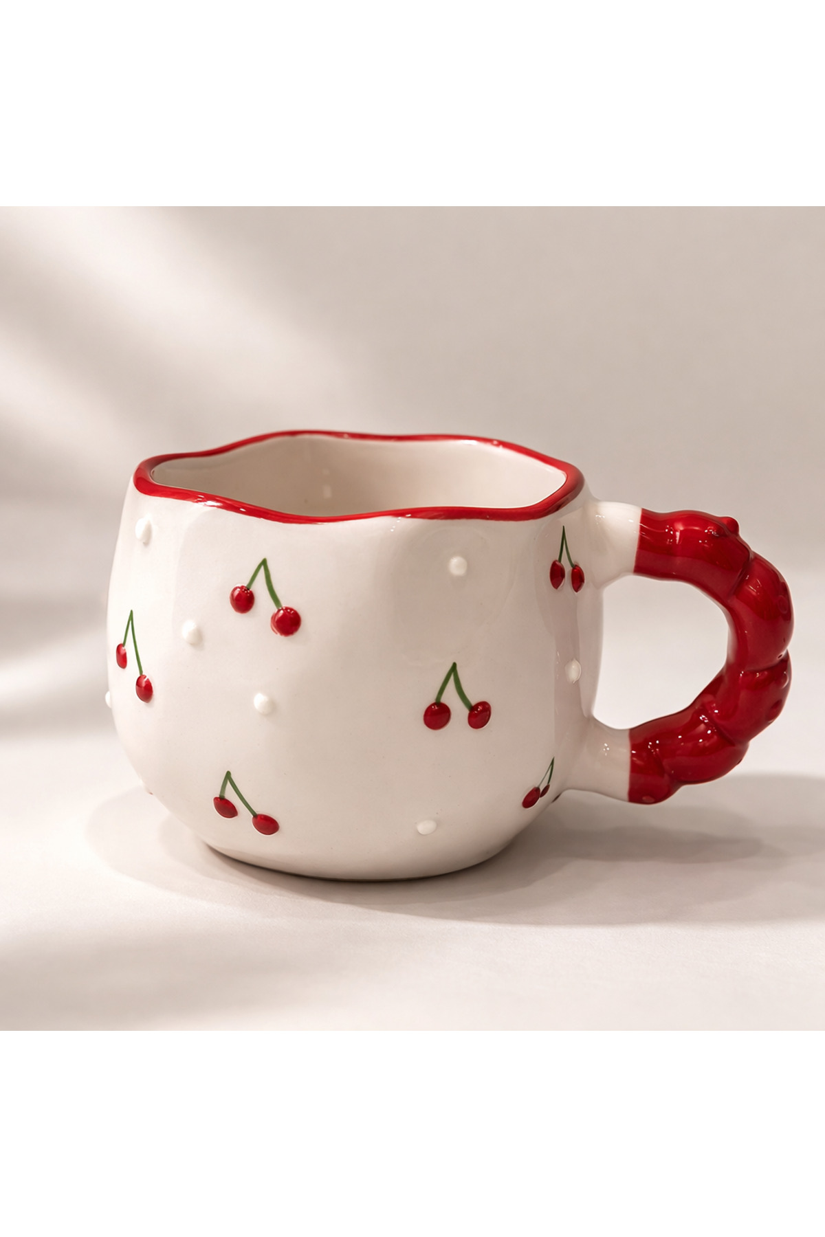 Handmade Ceramic Mug with Cherry Pattern – Cream Coffee Mug with Red Handles