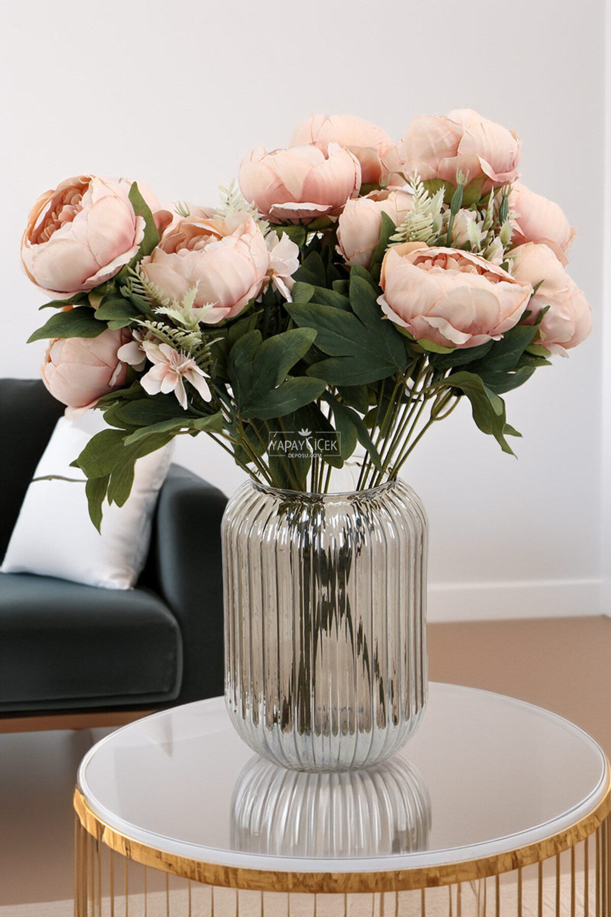 Artificial Flower 7 Branches Garnished Marseille Rose Arrangement 45 cm Salmon