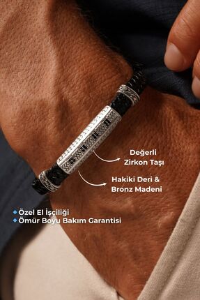 TANSESUAR Antik Dörtlü Zirkon Taşlı Siyah Hakiki Deri Bileklik