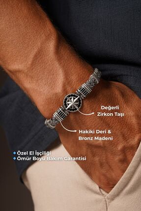 TANSESUAR Pusula Figürlü Zirkon Taşlı Beyaz Hakiki Deri Bileklik