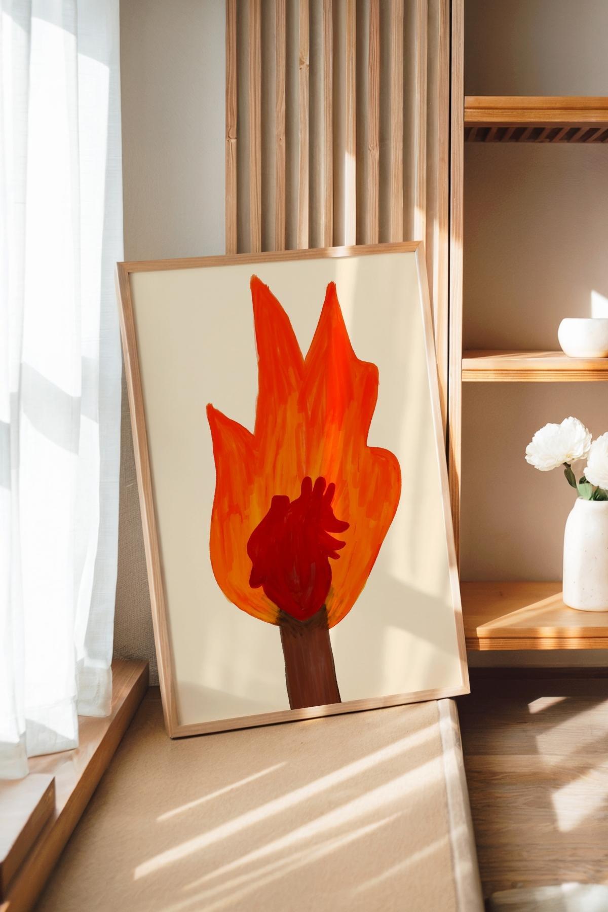 Alev İçinde Kalp Modern Tablo Poster Duvar Dekoru Çerçevesiz