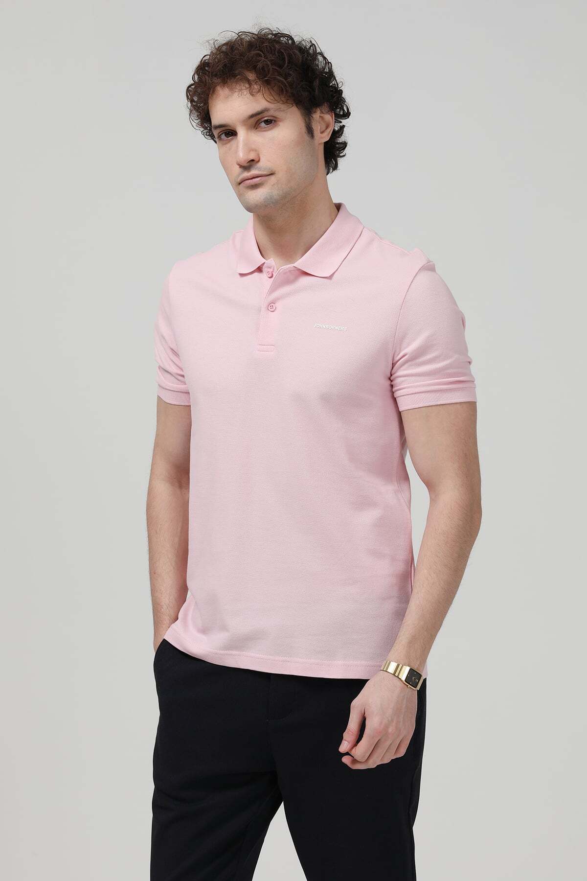 JB John Borners Men's Polo Collar Brand Printed 100% Cotton T-Shirt Pink - 26Y 2127