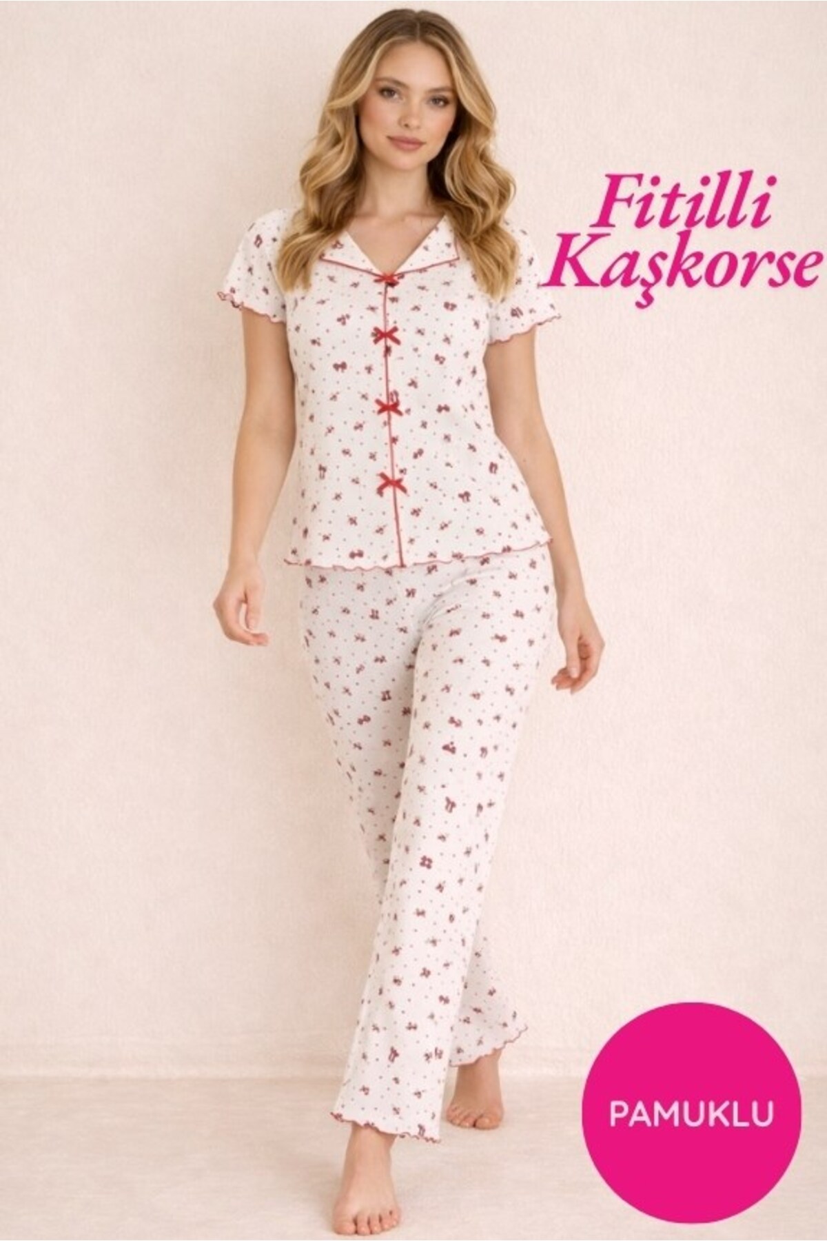 Women's Boat Neck Buttonless Ribbed Camisole Fabric Patterned Bow Detail Cotton Short Sleeve Pajamas Set