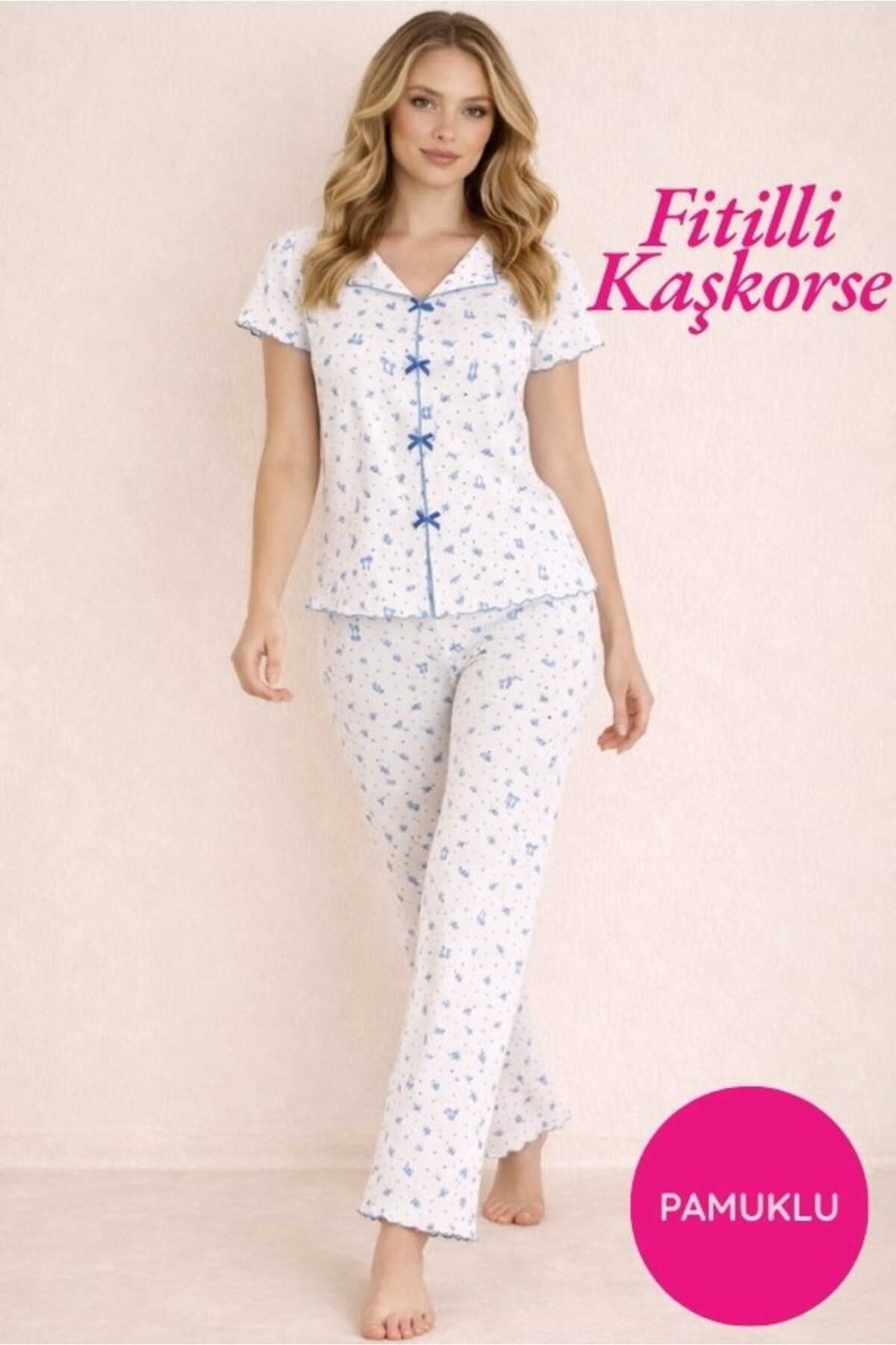 Women's Blue Floral Patterned Boat Neck Buttonless Ribbed Camisole Fabric Cotton Short Sleeve Pajamas Set