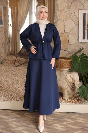 İmajButik Lacivert Düğmeli Lastikli Ceket Etekli Takım
