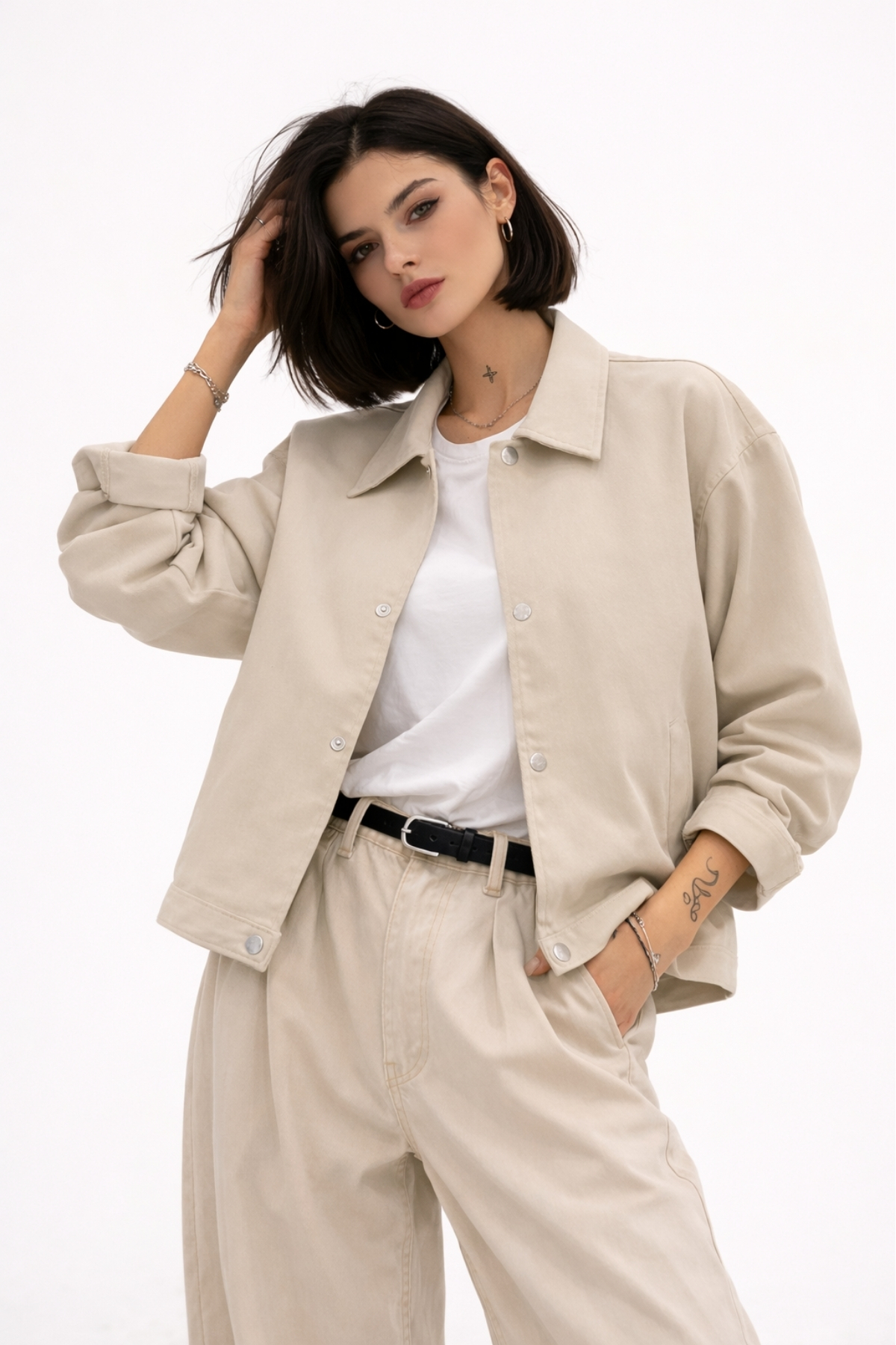 freemen  Kadın Oversize Basic Gabardin Mevsimlik Polo Yaka Taş Ceket - Görsel 5