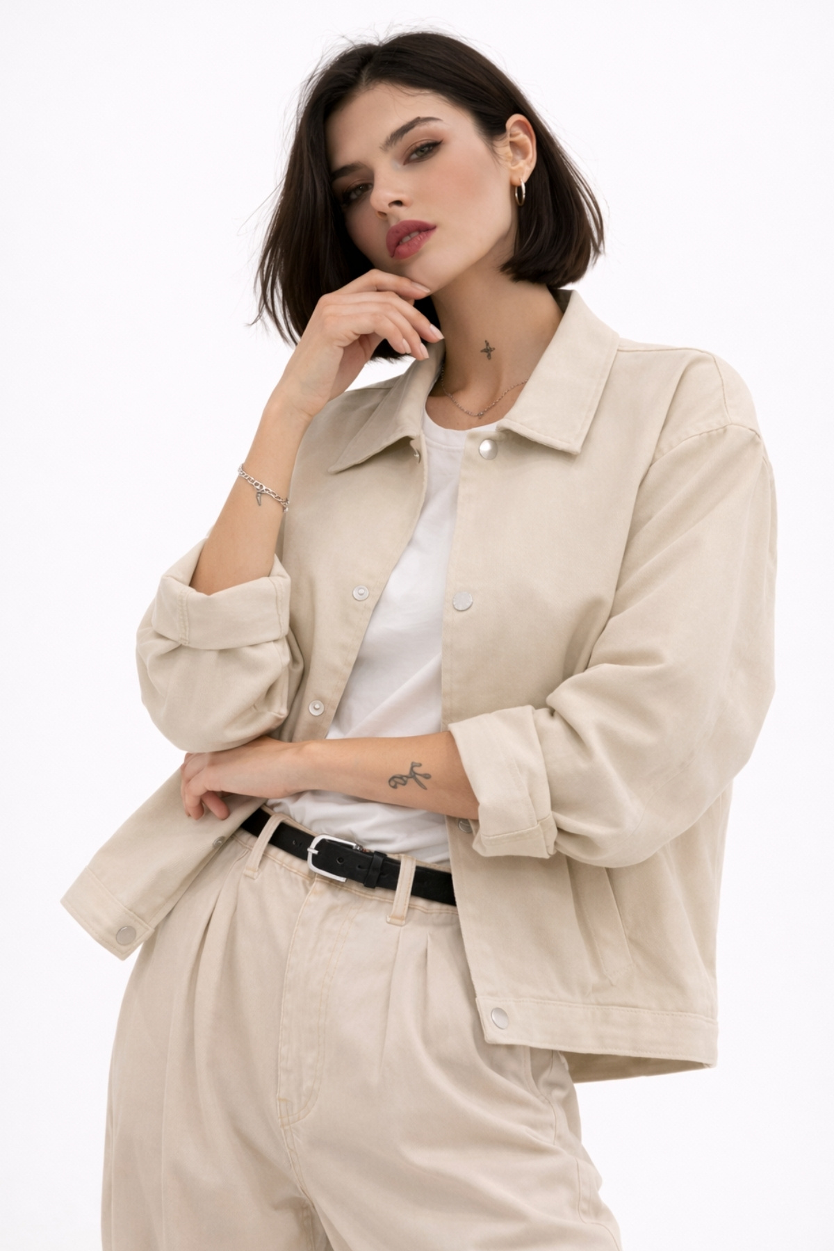 freemen  Kadın Oversize Basic Gabardin Mevsimlik Polo Yaka Taş Ceket - Görsel 3