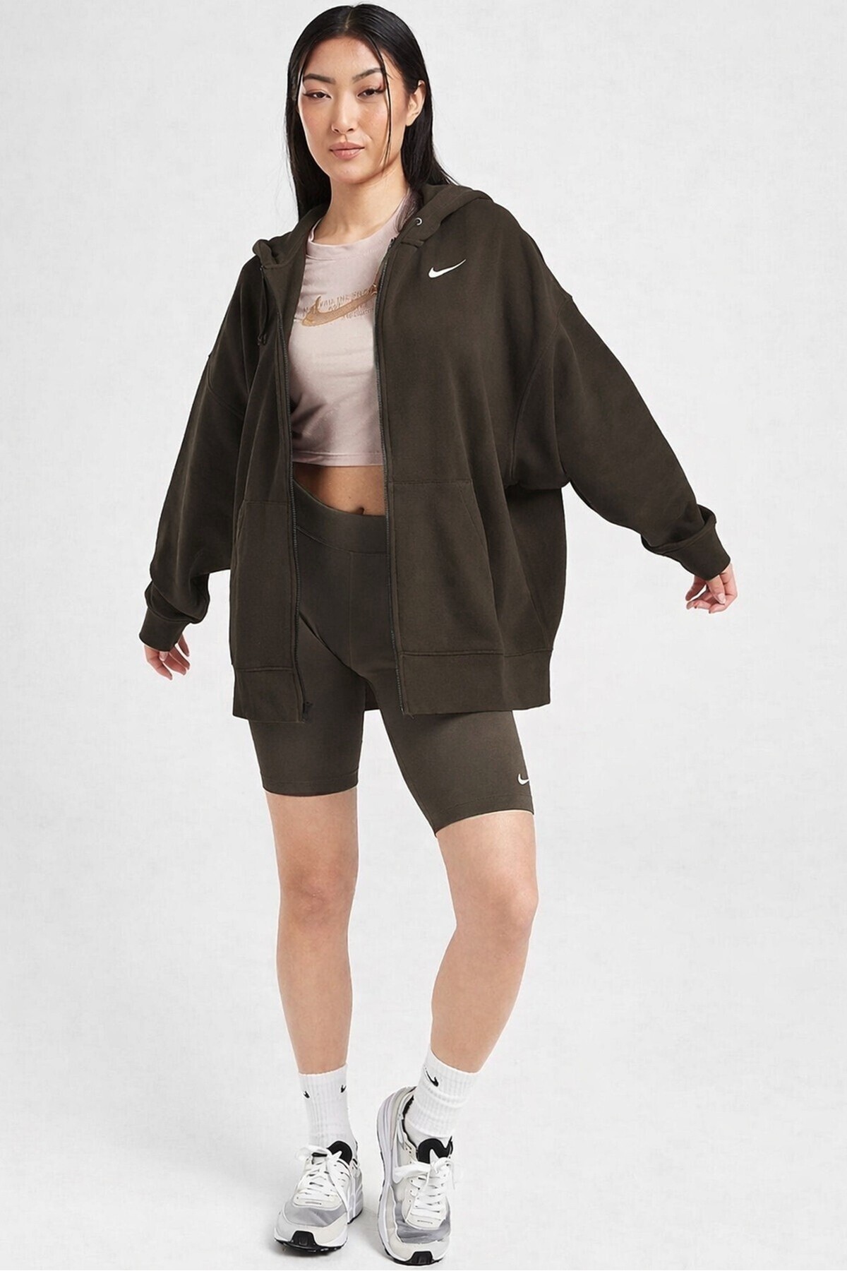 Nike Sportswear Essentials Oversize Fleece Full Zip Hoodie Kadın Oversize Kapüşonlu Sweatshirt Kahve görsel 4