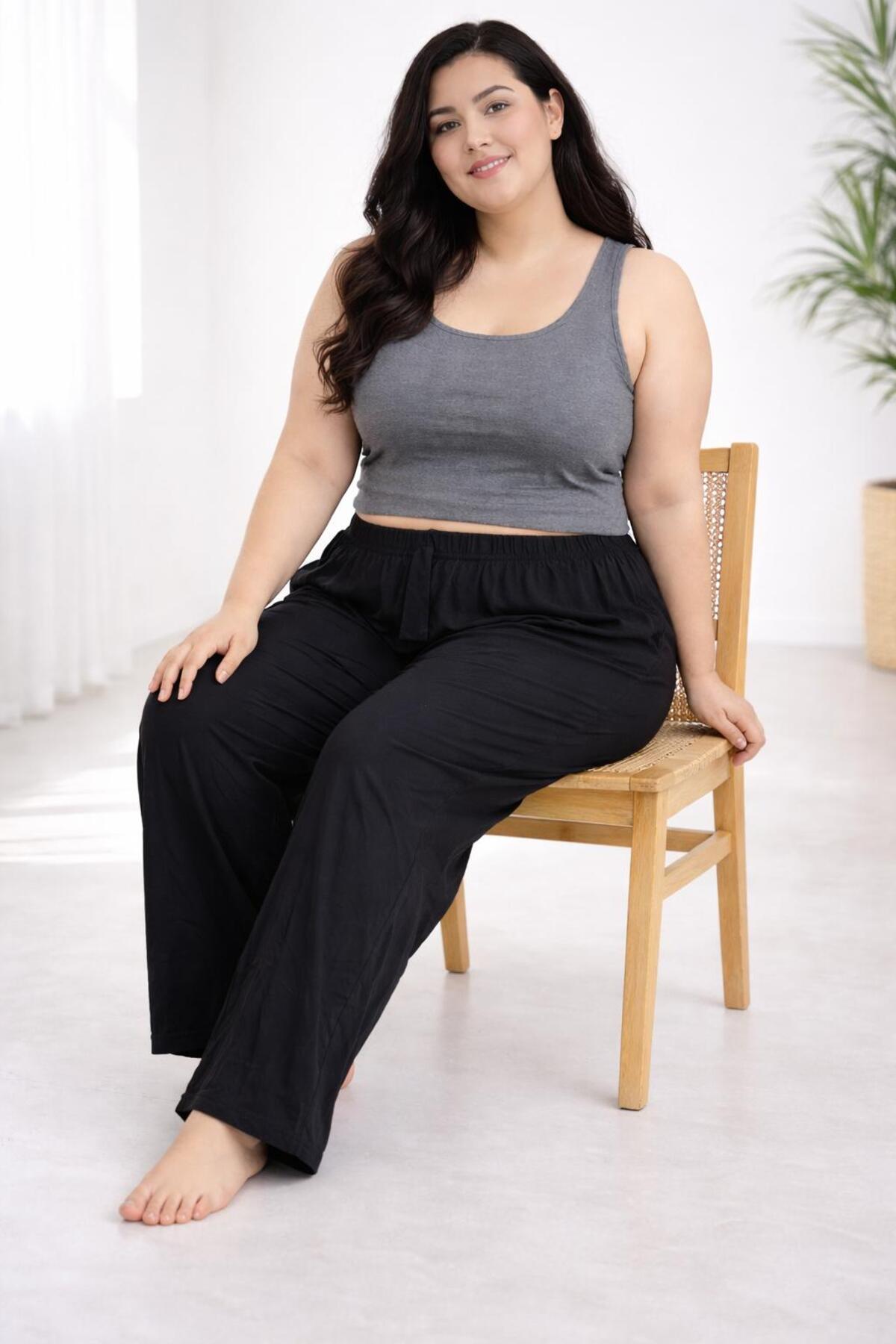 THEBEK  Kadın Viskon Cepsiz Battal Pantolon Rahat Kesim Büyük Beden